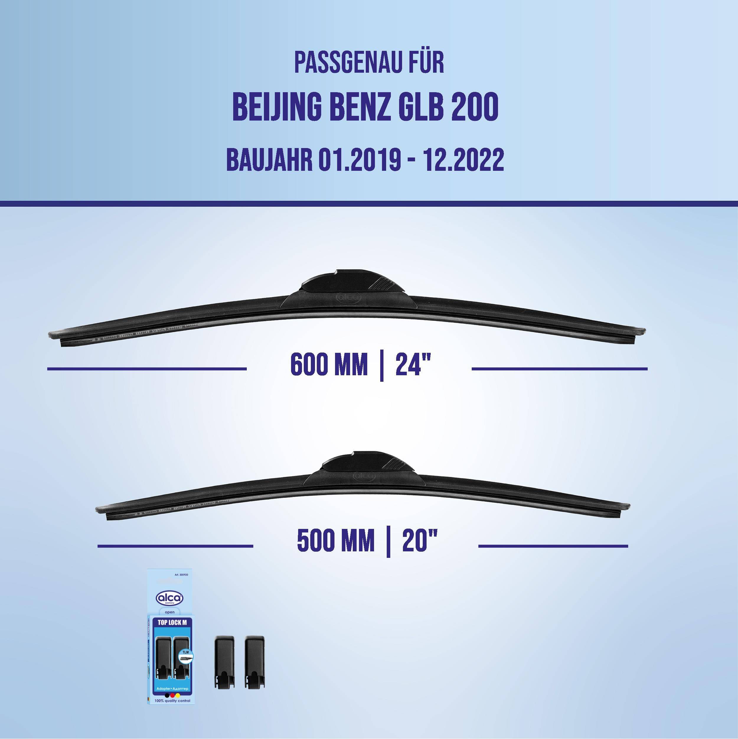 Grafik mit Scheibenwischern, die mit Beijing Benz GLB 200, Modelljahre 01.2019-12.2022 kompatibel sind: 600 mm (24