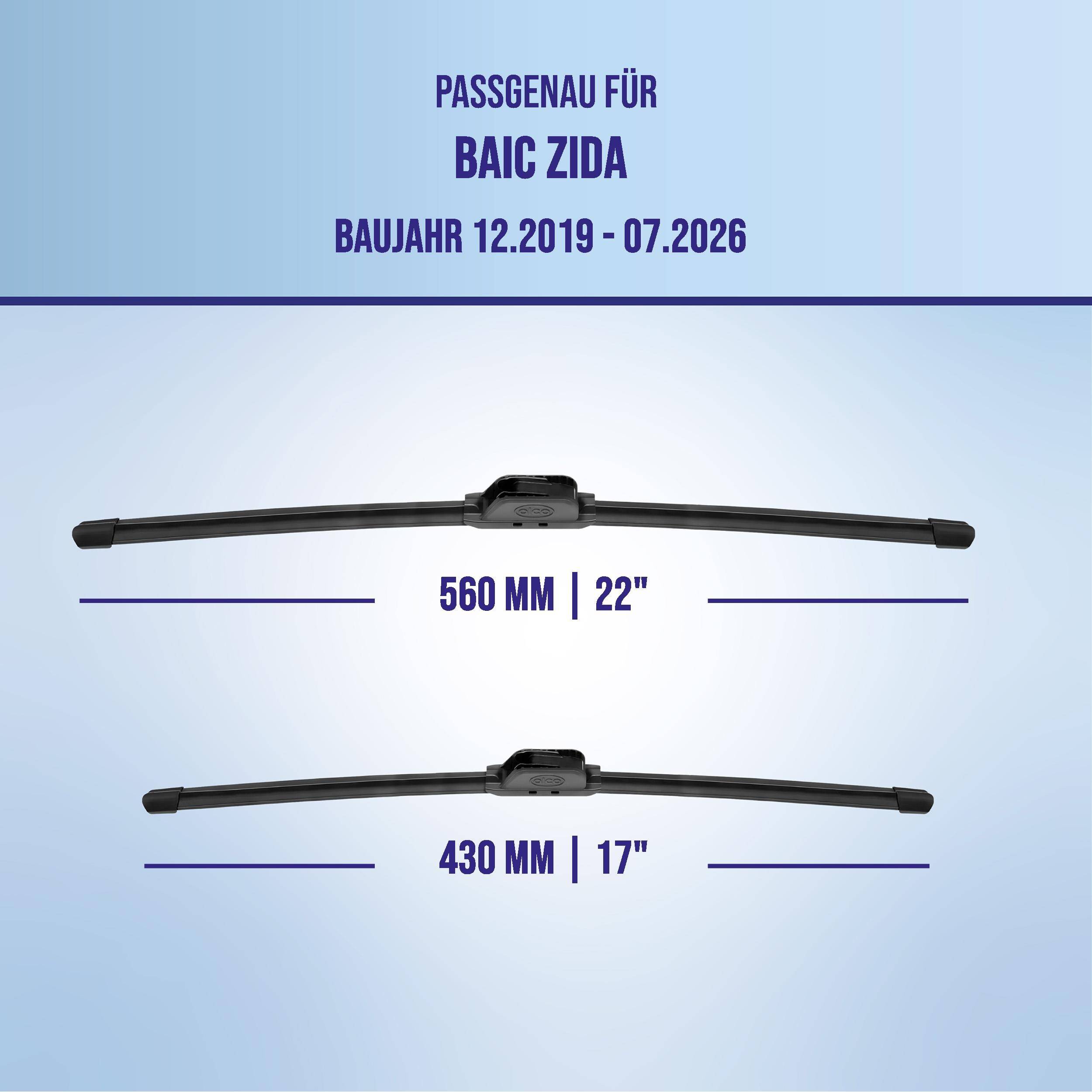 Grafik zur Scheibenwischerkompatibilität für BAIC ZIDA, Modelljahre 12.2019-07.2026, mit Größen 560 mm (22') und 430 mm (17')