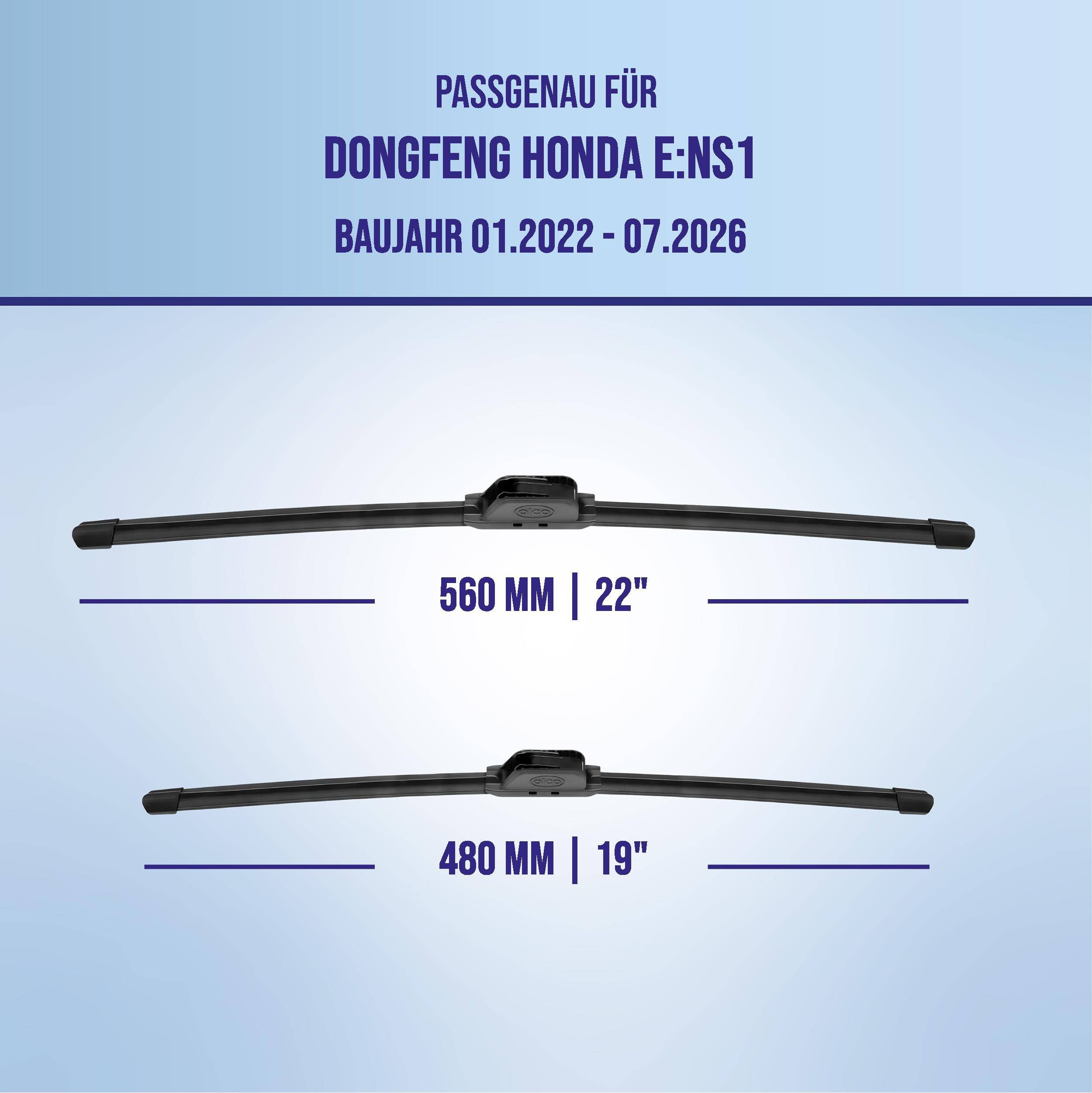 Grafik mit Wischerblättern für Dongfeng Honda e:NS1, Modelljahre 01.2022-07.2026, mit Größen 560 mm (22
