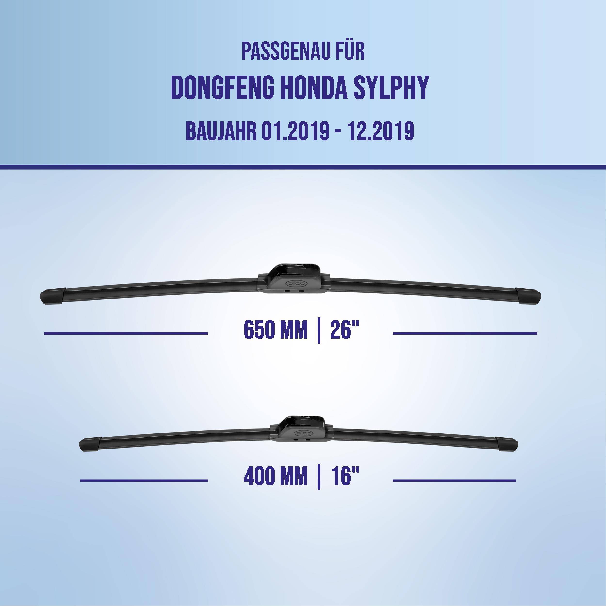 Kompatibilitätsgrafik für Scheibenwischblätter für Dongfeng Honda Sylphy, Modelljahre 01.2019-12.2019; Größen 650 mm (26) und 400 mm (16).