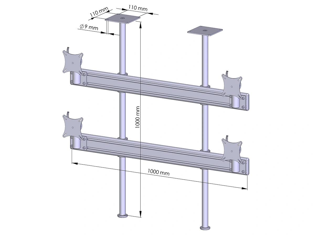 Diagramm einer Dual-Monitor-Deckenhalterung mit zwei horizontalen Schienen auf zwei Pfosten, mit den folgenden Abmessungen: 1000 mm Breite, 1000 mm Höhe, 110 mm Oberplatte, 9 mm Loch.
