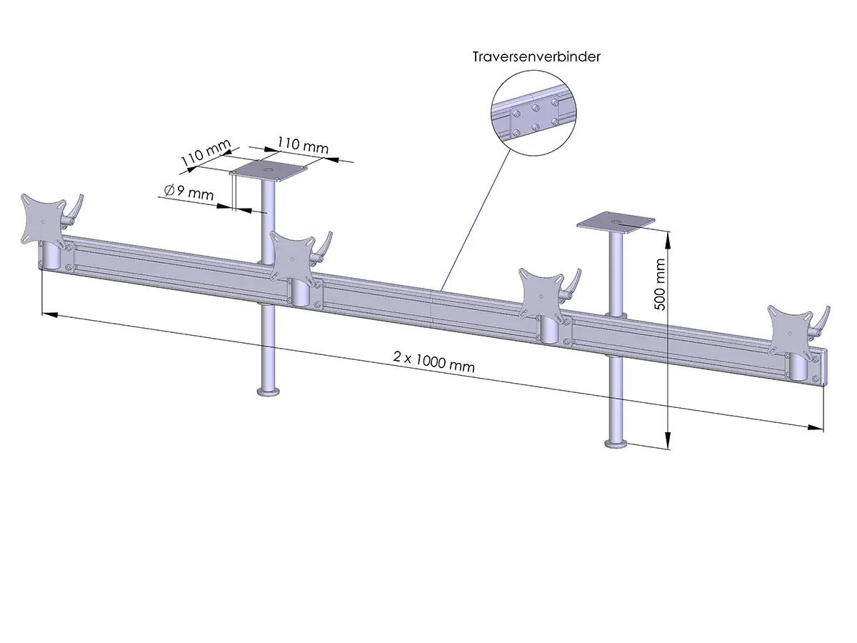 Diagramm eines ausziehbaren Stützträgers mit Endhaken und zwei vertikalen Pfosten, mit den Abmessungen 2 x 1000 mm, 500 mm, 110 mm und Ø 9 mm, plus eine Ausschnittsabbildung mit der Bezeichnung 'Traversenverbinder'.