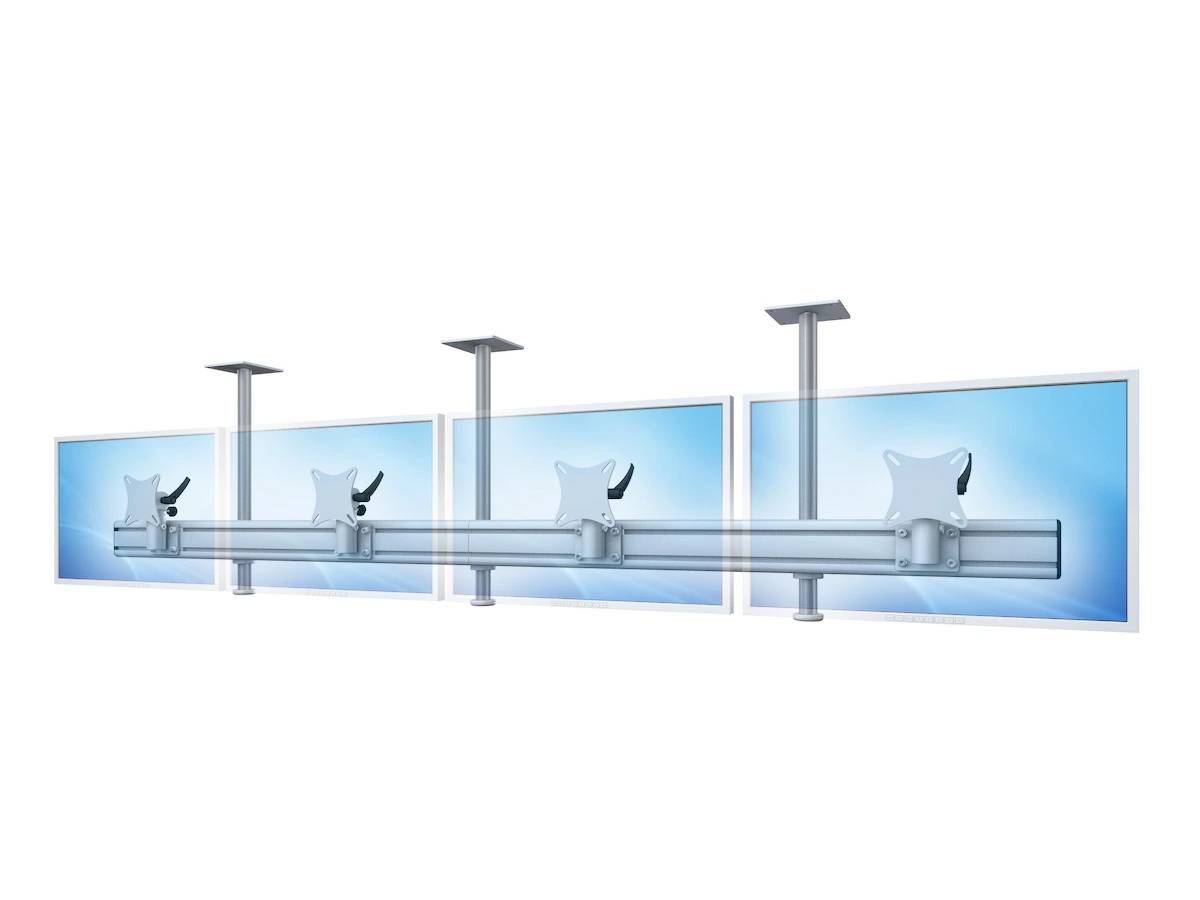 Illustration eines modularen Glasgeländersystems mit Metallpfosten und Halterungen, die blaugetönte Paneele in einer Reihe halten.