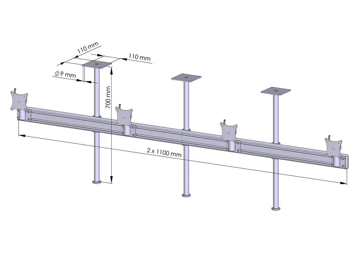 Technisches Diagramm einer an der Decke montierten Dual-Monitor-Schiene mit vier Bildschirmhalterungen auf Pfosten, mit den Abmessungen: 110-mm-Platten, 9-mm-Löcher, 700-mm-Höhe und 2 x 1100-mm-Spannweite.