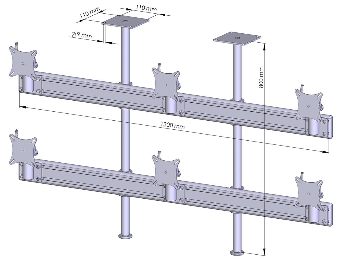 Diagramm einer Doppelmonitor-Schreibtischhalterung mit zwei horizontalen Schienen und sechs verstellbaren VESA-Halterungen, dargestellt mit Abmessungen: 1300 mm Breite, 900 mm Höhe, 110 mm Oberfläche, 9 mm Poldurchmesser.