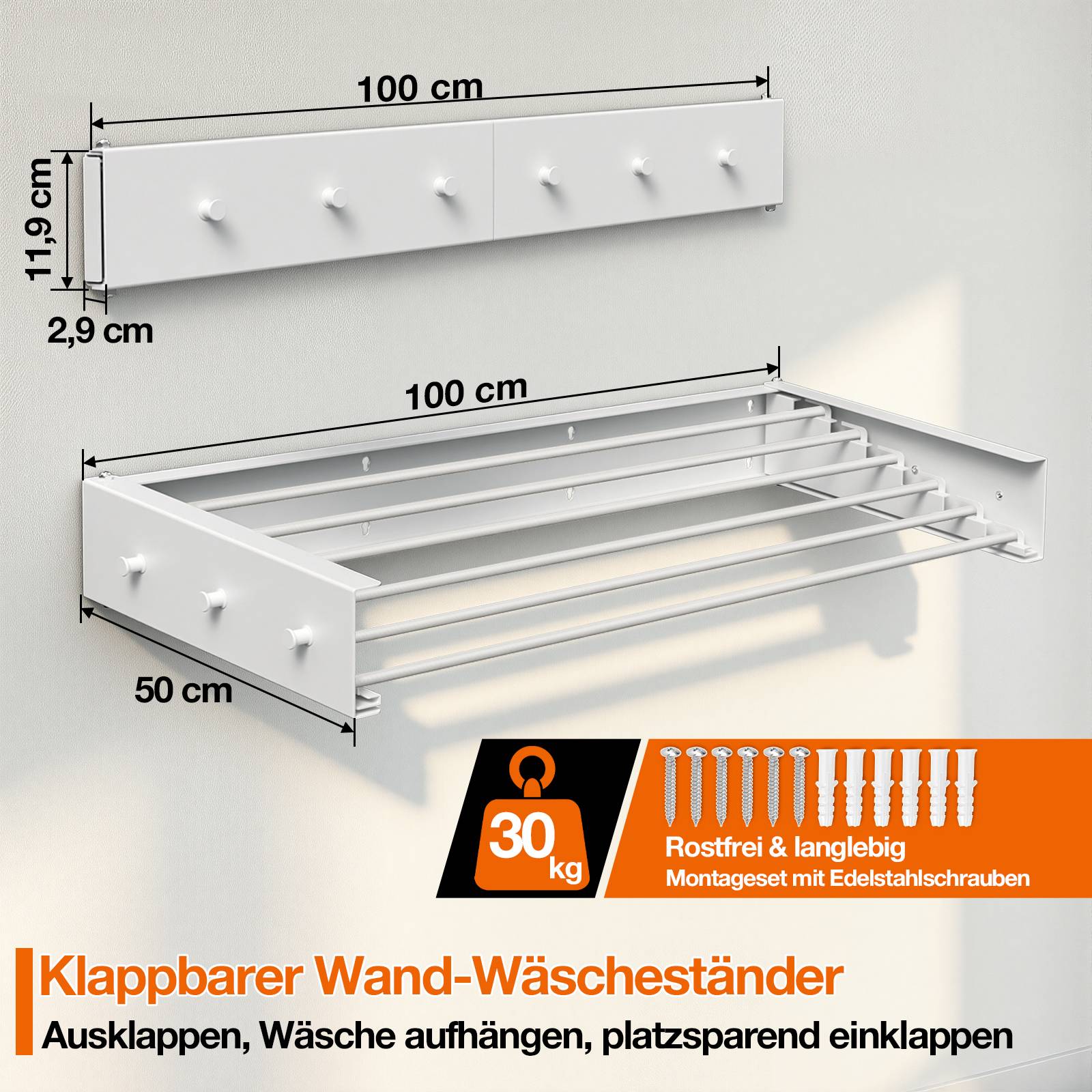 Produktdiagramm einer klappbaren, an der Wand montierten Wäschetrockner, dargestellt in zusammengeklapptem und ausgezogenem Zustand, mit Abmessungen von 100 cm x 50 cm und einer Tragfähigkeit von 30 kg.