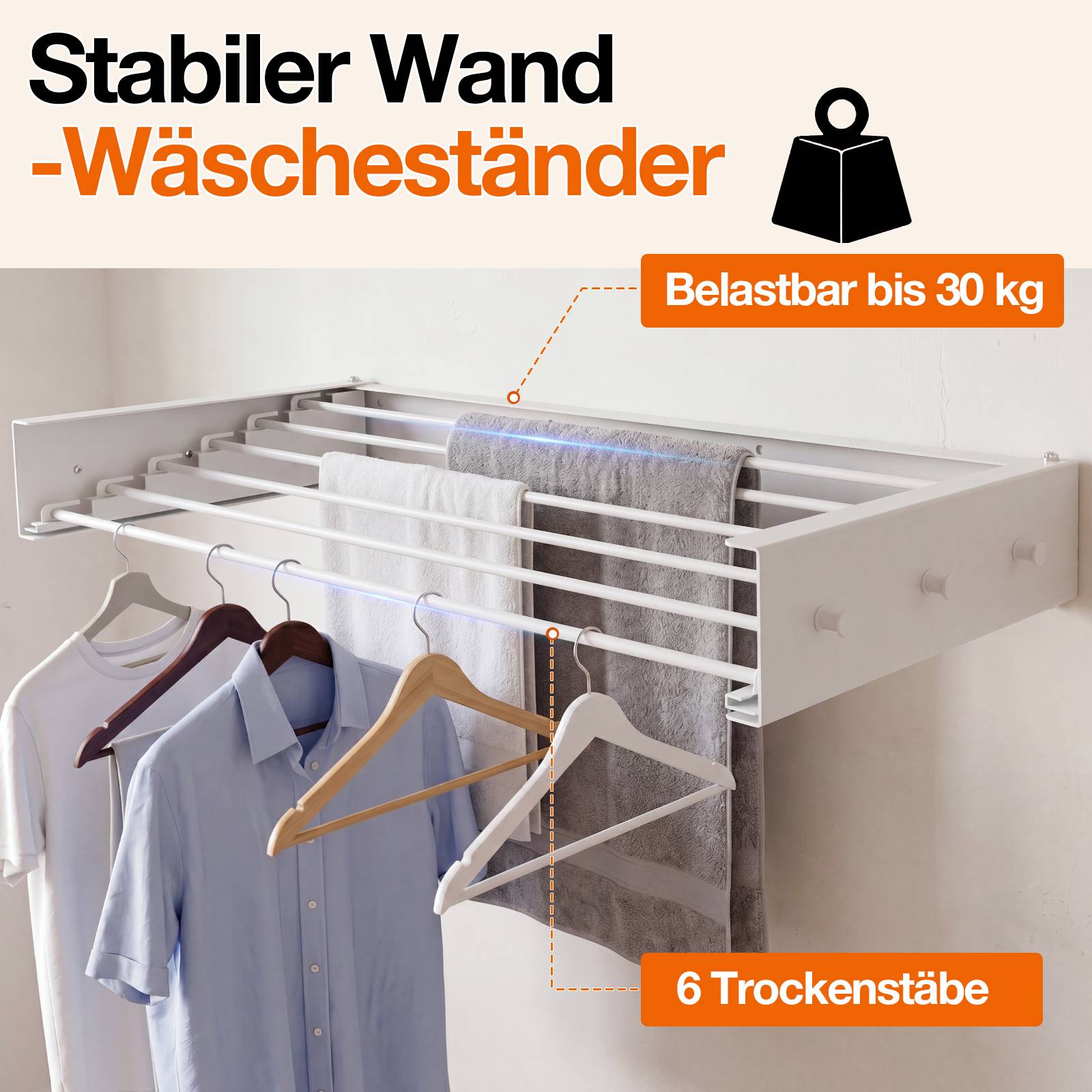 Wandmontierte Wäschetrocknungsständer mit 6 Stangen und 30 kg Tragfähigkeit, abgebildet mit hängenden Handtüchern und Hemden.