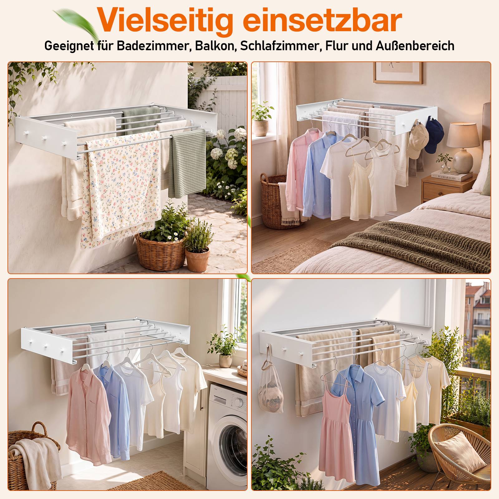 Zusammenklappbarer wandmontierter Trockenständer, dargestellt in Badezimmer-, Schlafzimmer-, Waschküchen- und Balkonnutzung, mit zum Trocknen aufgehängter Kleidung.