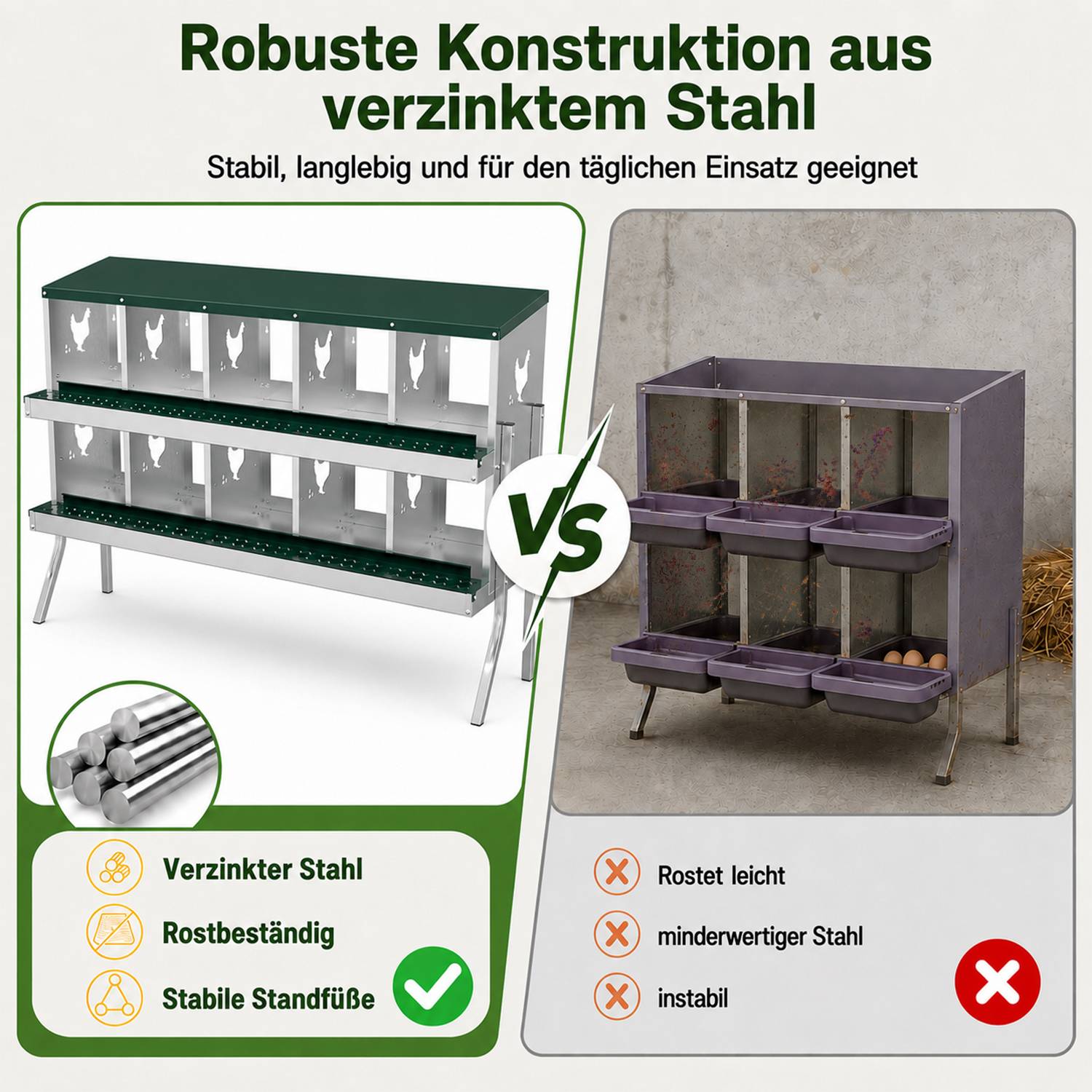 Vergleichsgrafik aus Deutschland, die einen verzinkten Stahlhühnerstall auf der linken Seite gegenüber einem rostigen, instabilen auf der rechten Seite zeigt und Haltbarkeit, Rostbeständigkeit und Stabilität hervorhebt.