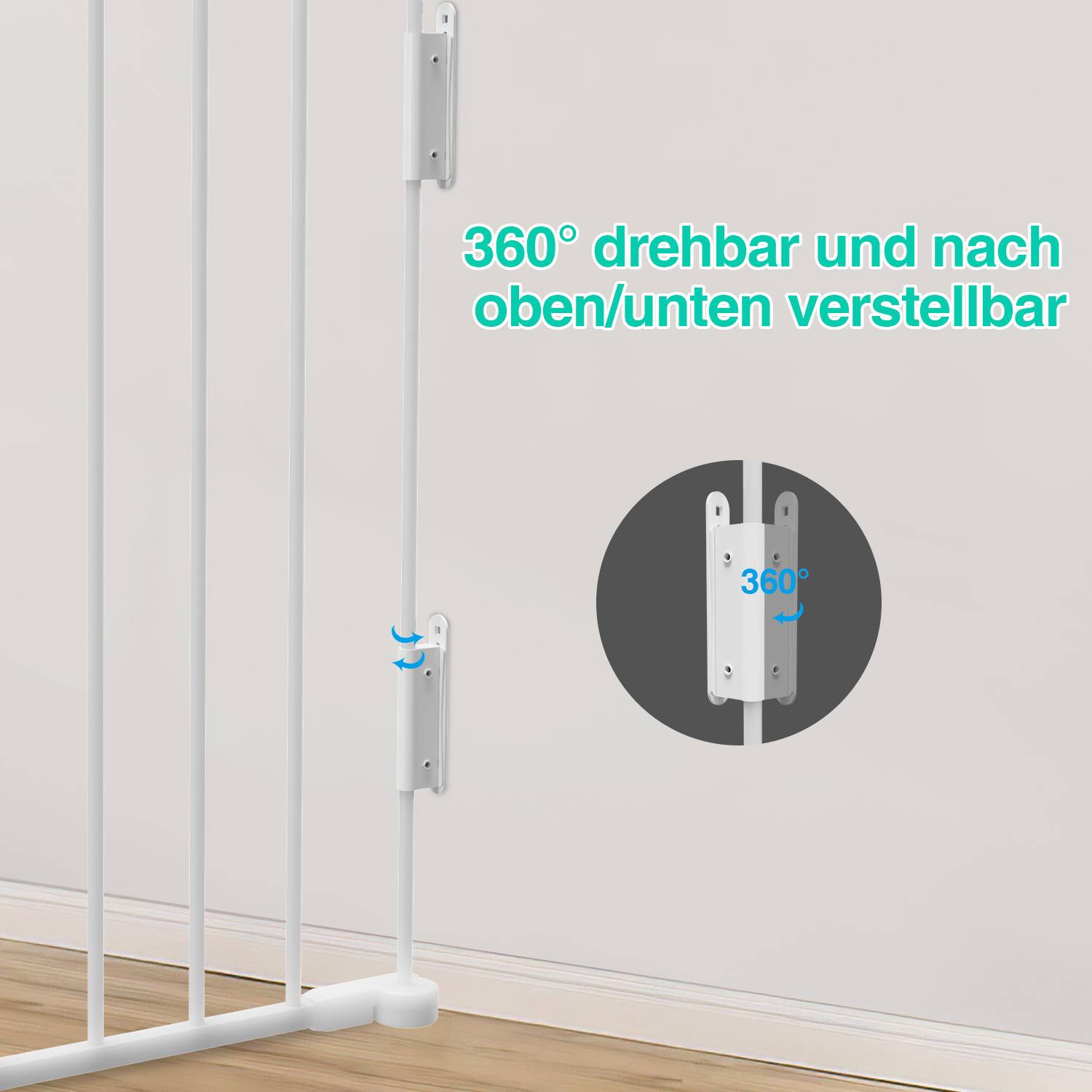 Weiße verstellbare Wandhalterung für ein Schutzgitter, mit 360°-Drehung und Auf-/Ab-Verstellung; deutscher Text lautet "360° drehbar und nach oben/unten verstellbar"".