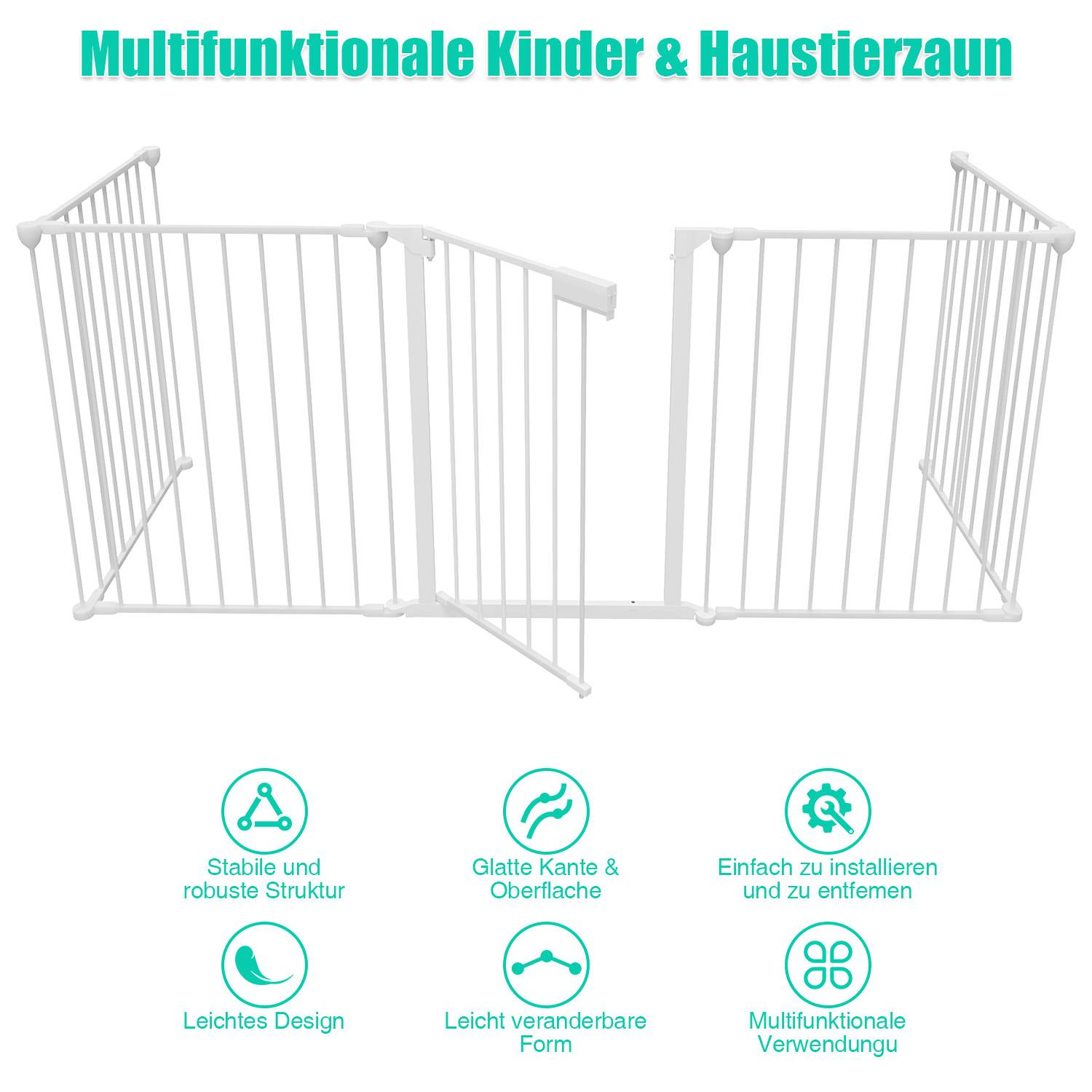 Weißes multifunktionales Kinder- und Haustierschutzgitter in mehreren Ansichten dargestellt, mit Symbolen, die eine robuste Struktur, glatte Kanten, einfache Installation, leichtes Design, verstellbare Form und Mehrfachnutzung hervorheben.