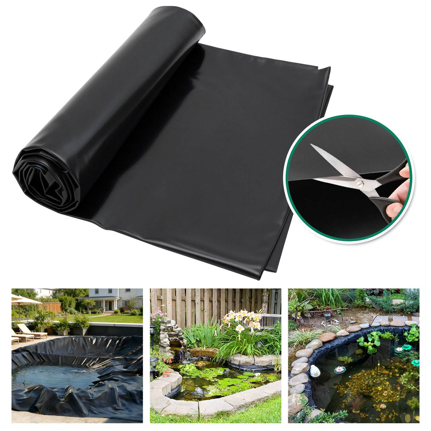 Schwarze Teichfolie-Rolle mit Schere zum Zuschneiden; darunter sind drei Beispiele von ausgekleideten Gartenpools und ein kleiner angelegter Teich mit Steinen und Pflanzen.