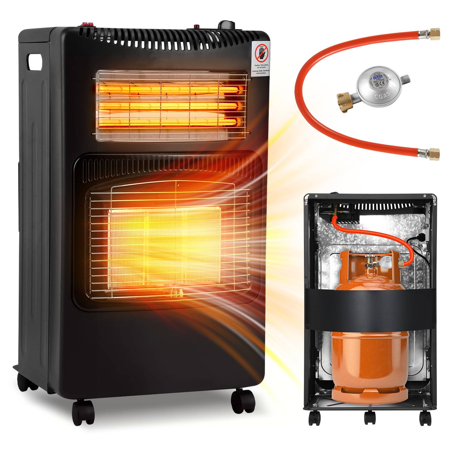 2-in-1 Gas- & Elektroheizung 4200W/1200W, Keramik & Quarz, 3 Gasstufen, ODS, 5 Rollen