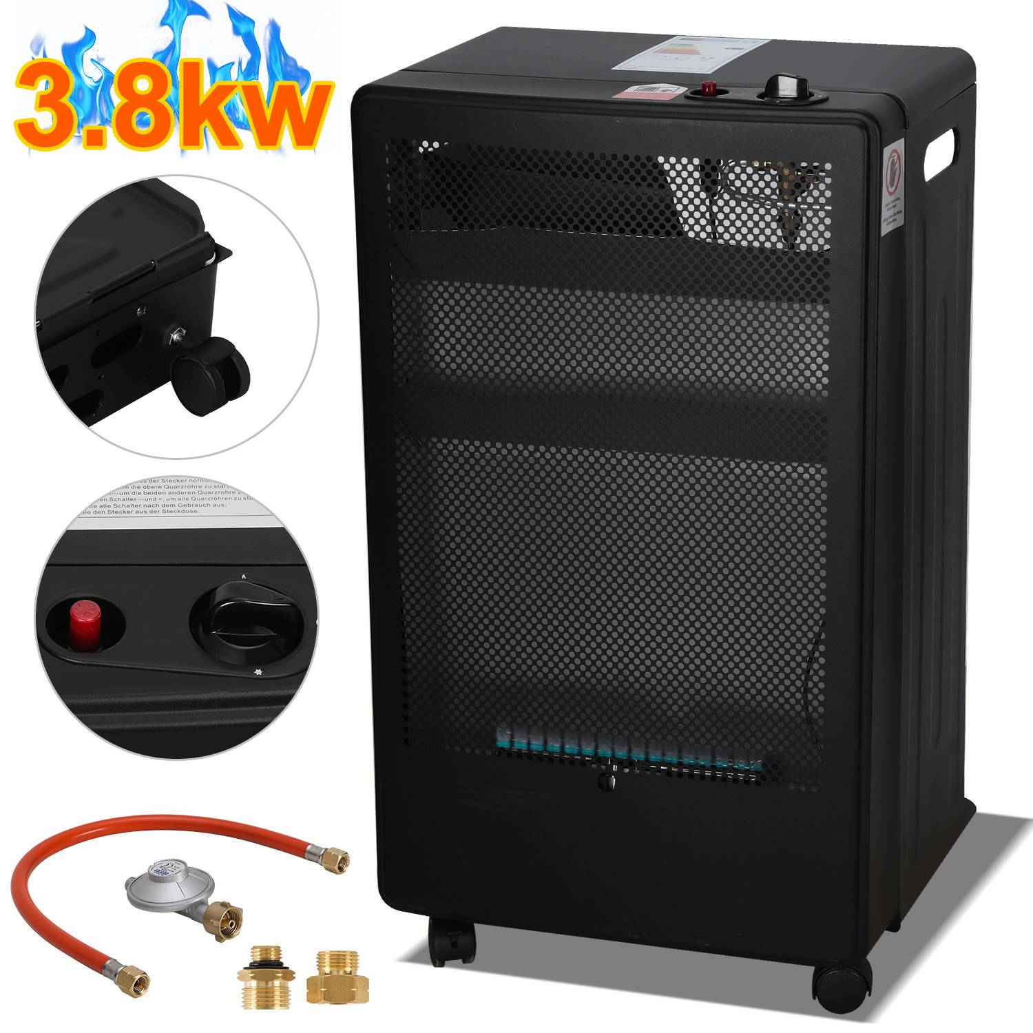 Schwarze 3,8 kW tragbare Gasheizung mit Mesh-Front, Drehregler, Rädern und mitgeliefertem orangefarbenem Schlauch und Anschlüssen, wie in eingefügten Detailaufnahmen dargestellt.