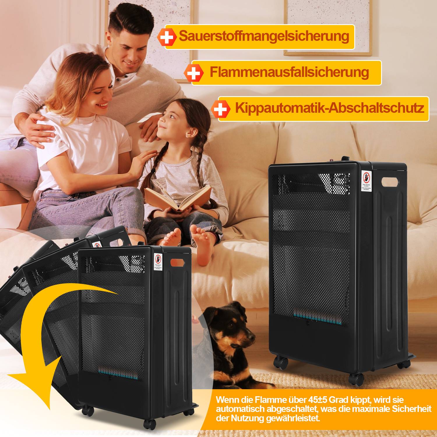 Familie auf einem Sofa neben einem tragbaren Gasheizer, mit deutschen Beschriftungen, die Sauerstoffmangel, Flammenfehler und Kippsicherheitsabschaltungsfunktionen bewerben.