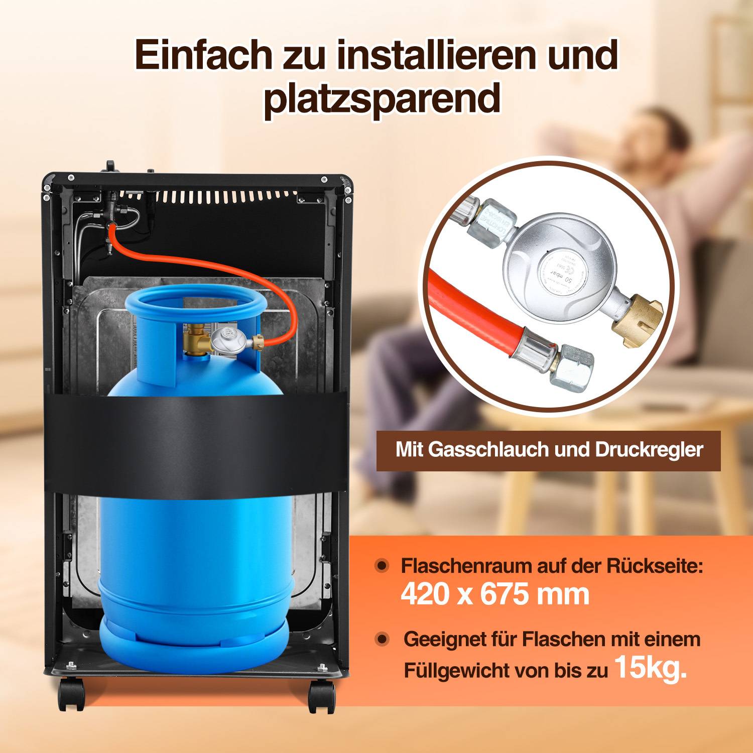 Propanflasche in einem kompakten Schrank mit Schlauch und Druckregler; Deutsche Anzeige besagt einfache Installation, platzsparend, Flaschenraum hinten 420 x 675 mm, bis zu 15 kg.