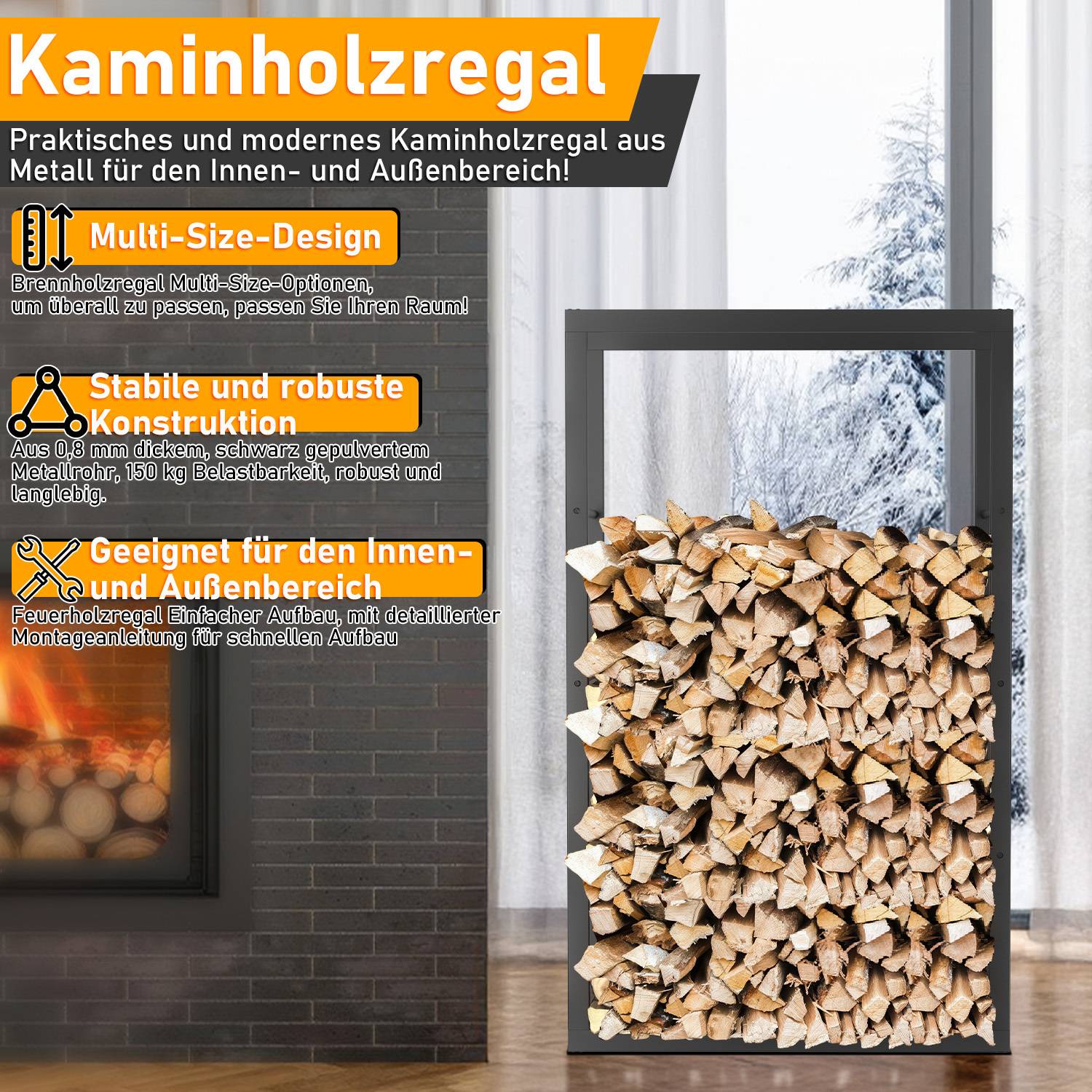 Kaminholzregal 100 × 60 × 25 cm, Eisen, Schwarz, freistehendes Brennholzregal für Kamin und Ofen