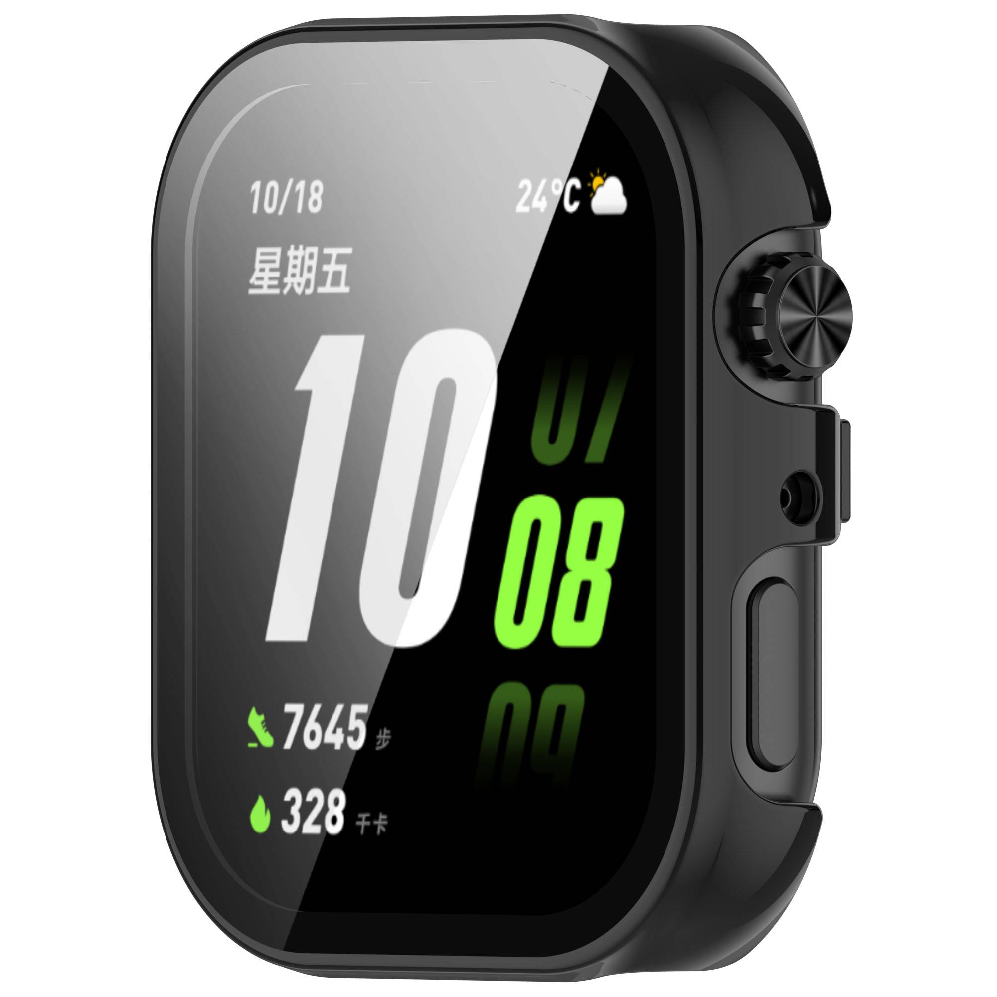Schwarze Smartwatch-Anzeige mit 10/18 Freitag, 24°C Wetter, großer Zeit '10:08' und Fitnessdaten von 7.645 Schritten und 328 Kalorien.