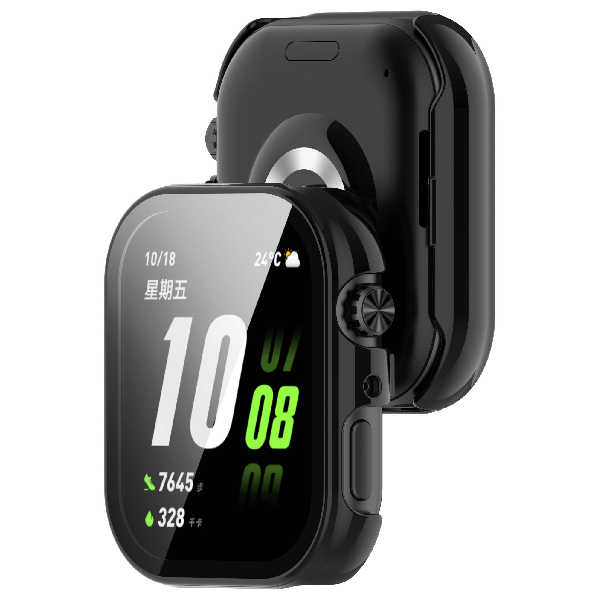 Schwarze quadratische Smartwatch mit digitalem Display, das 10:08 anzeigt, Datum 10/18, chinesischer Wochentag-Text, Wetter und Schritte; Seitenansicht der Uhr und des Ladekoffers dahinter.