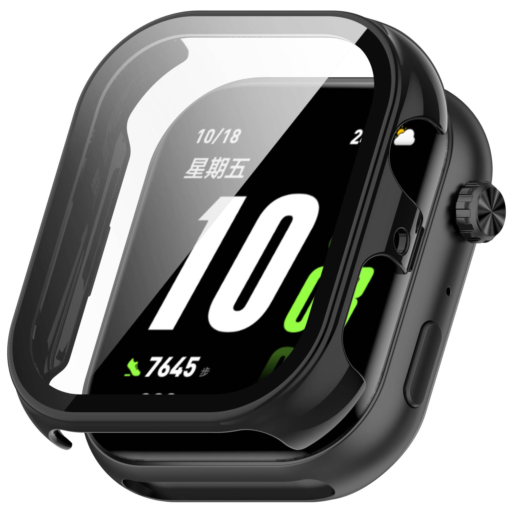 Schwarze Smartwatch mit Schutzgehäuse und Displayschutzfolie, zeigt Datum 10/18, chinesischen Wochentag, Wettersymbol und Schrittanzahl 7645.