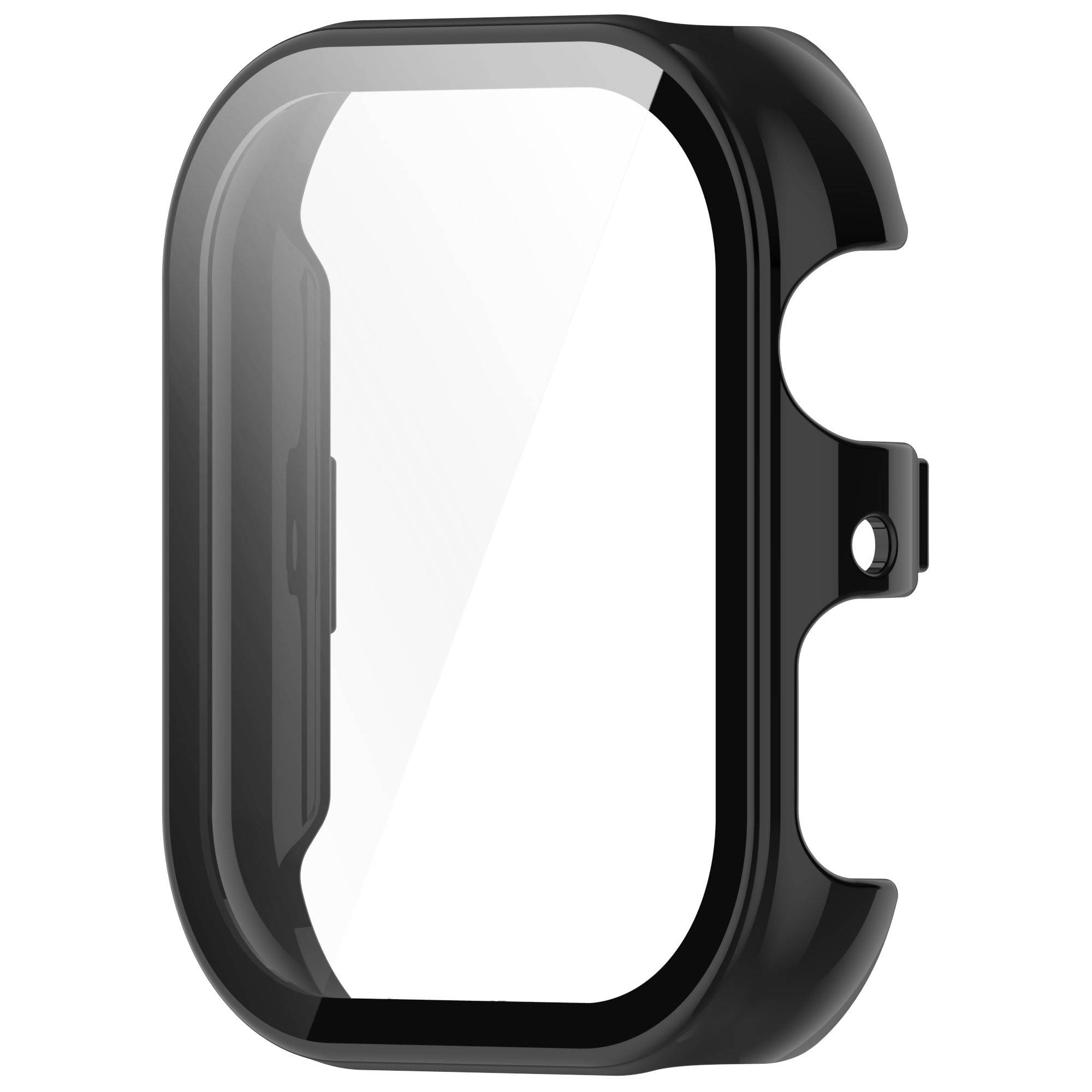 Schwarze Schutzgehäuse für Smartwatch mit transparenter Vorderseite und seitlicher Öffnung für eine Taste oder Krone.