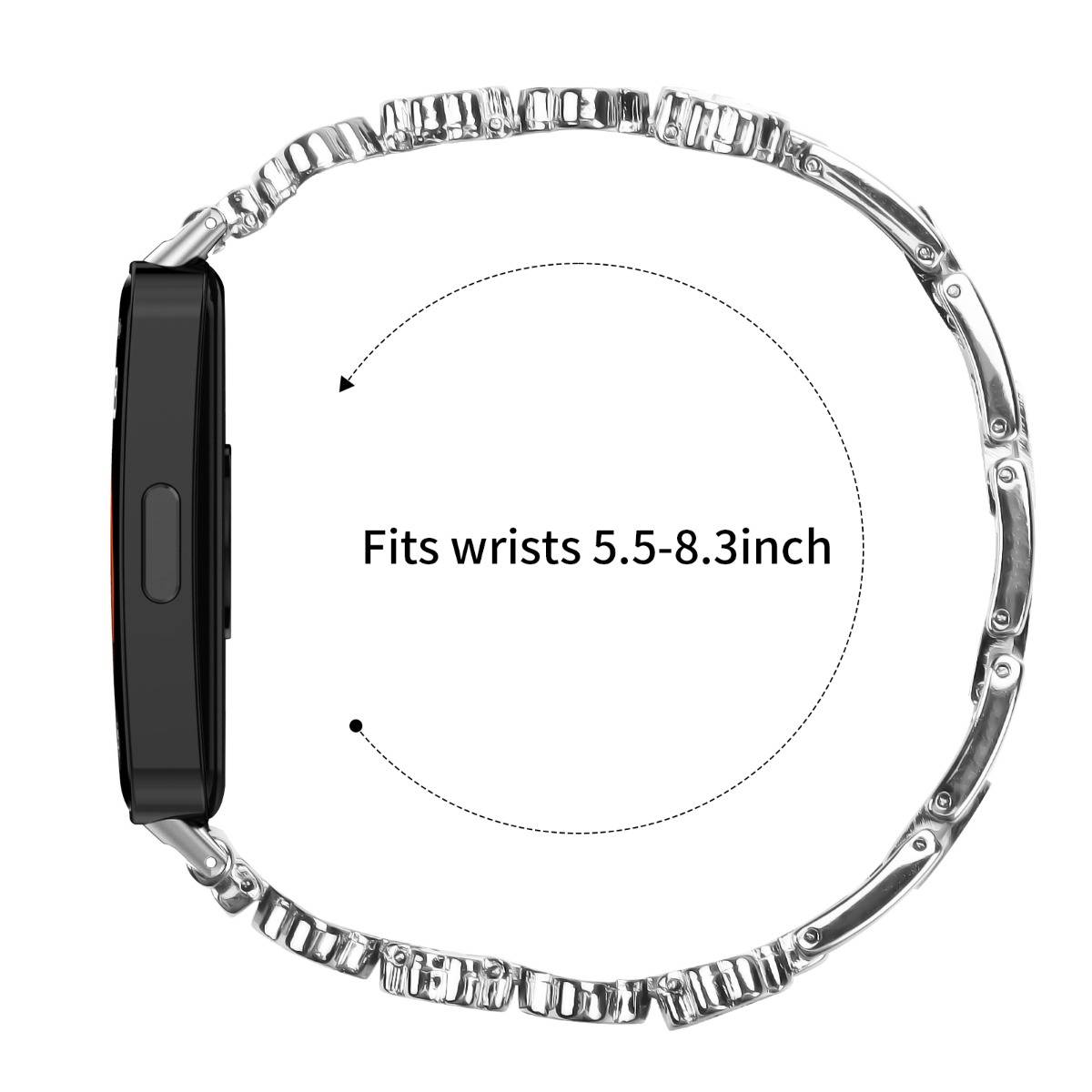 Smartwatch mit verstellbarem Metallband in einem Kreis dargestellt, beschriftet mit „Passt auf Handgelenke 5,5–8,3 Zoll", um die Handgelenkgrößenkompatibilität anzuzeigen.