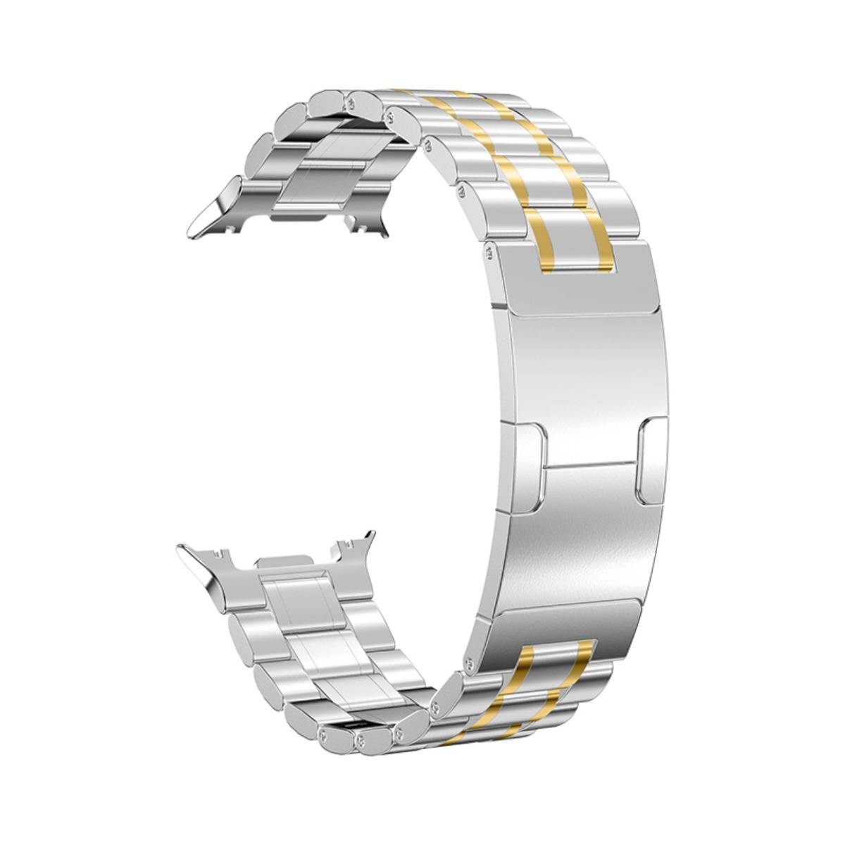Silberne Metalluhrarmbänder mit goldenen Akzentstreifen, offen und gebogen auf weißem Hintergrund dargestellt.