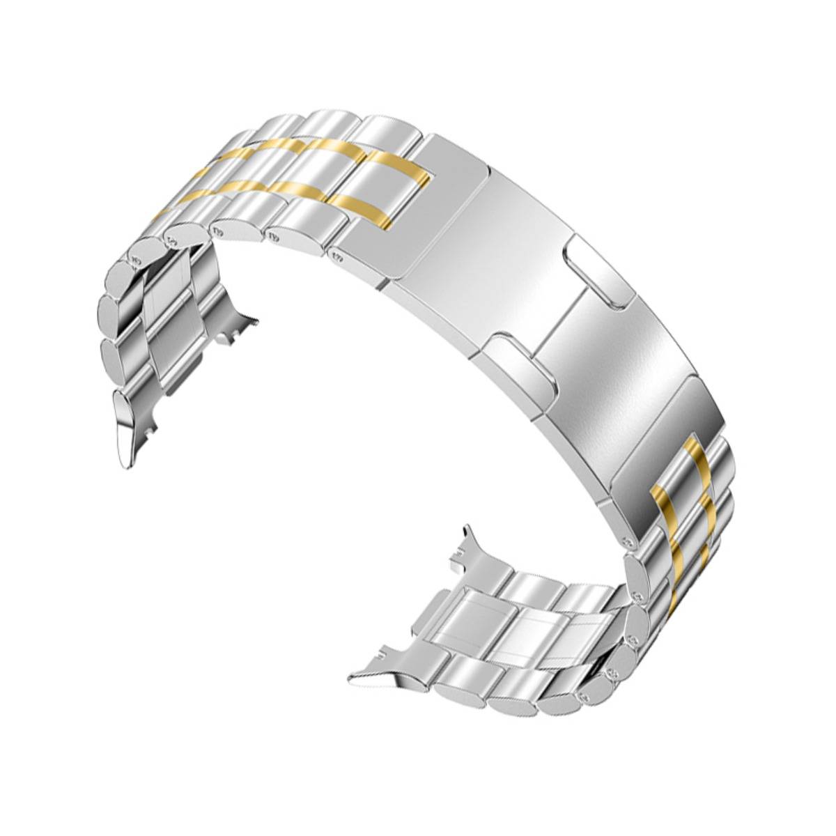 Silbernes Metalluhrenarmband mit goldenen Akzentstreifen, offen vor weißem Hintergrund gezeigt.