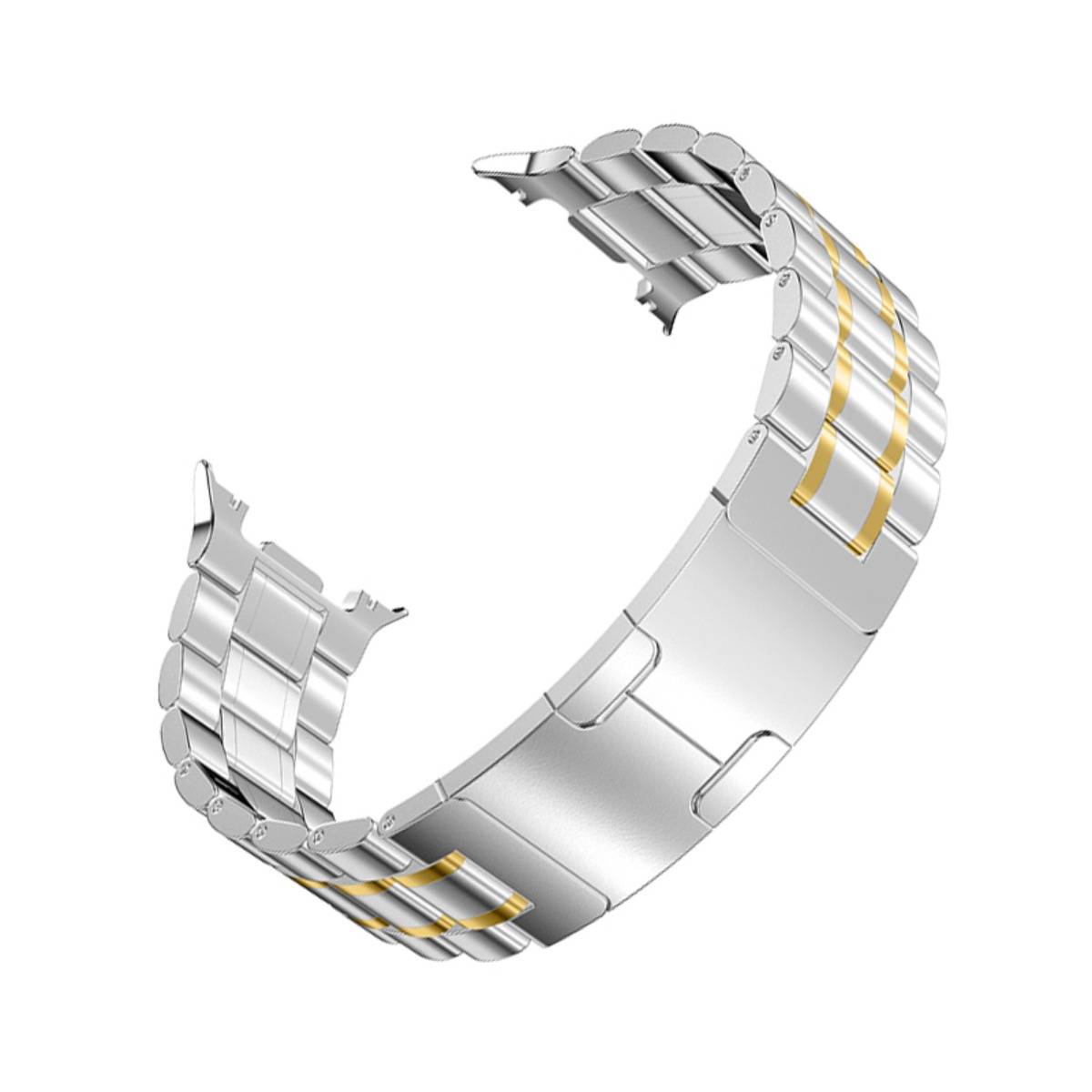 Metallisches Silberuhrenarmband mit goldfarbenen Akzentgliedern, gebogen und offen auf weißem Hintergrund dargestellt.