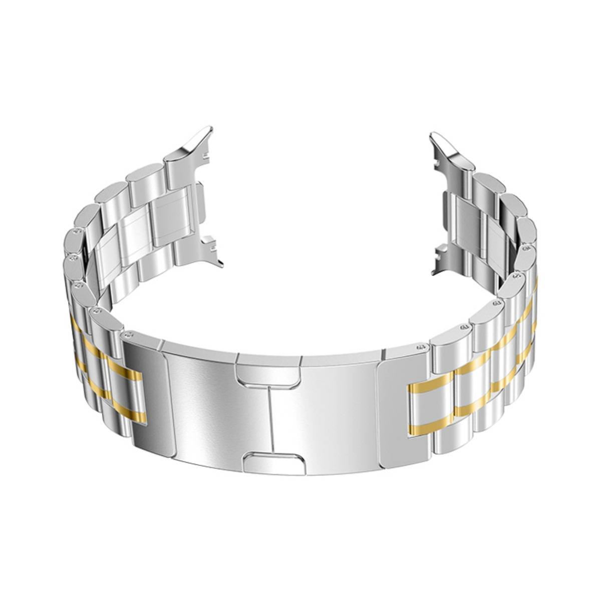 Silbernes Metall-Uhrenarmband mit goldenen Akzentstreifen, offen auf weißem Hintergrund dargestellt.