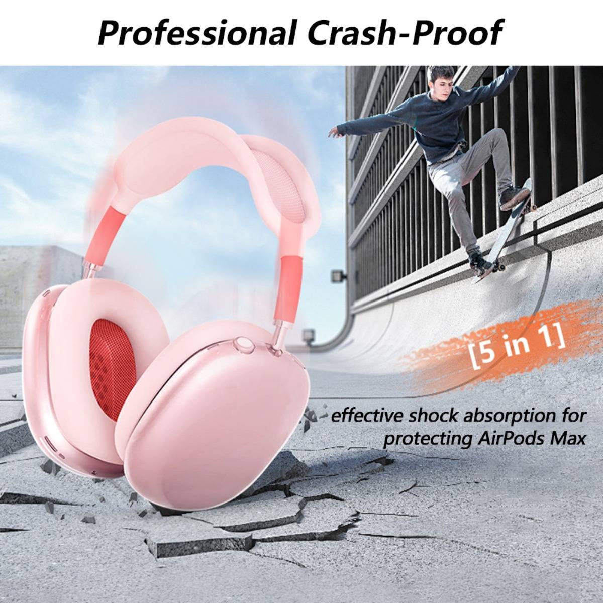 Rosa stoßfeste AirPods Max-ähnliche Kopfhörer werden gezeigt, die vor Auswirkungen schützen, mit einem Skateboarder, der gegen eine Wand prallt; der Text besagt „Professional Crash-Proof" und „effektive Stoßdämpfung zum Schutz von AirPods Max"" und „[5 in 1]"".