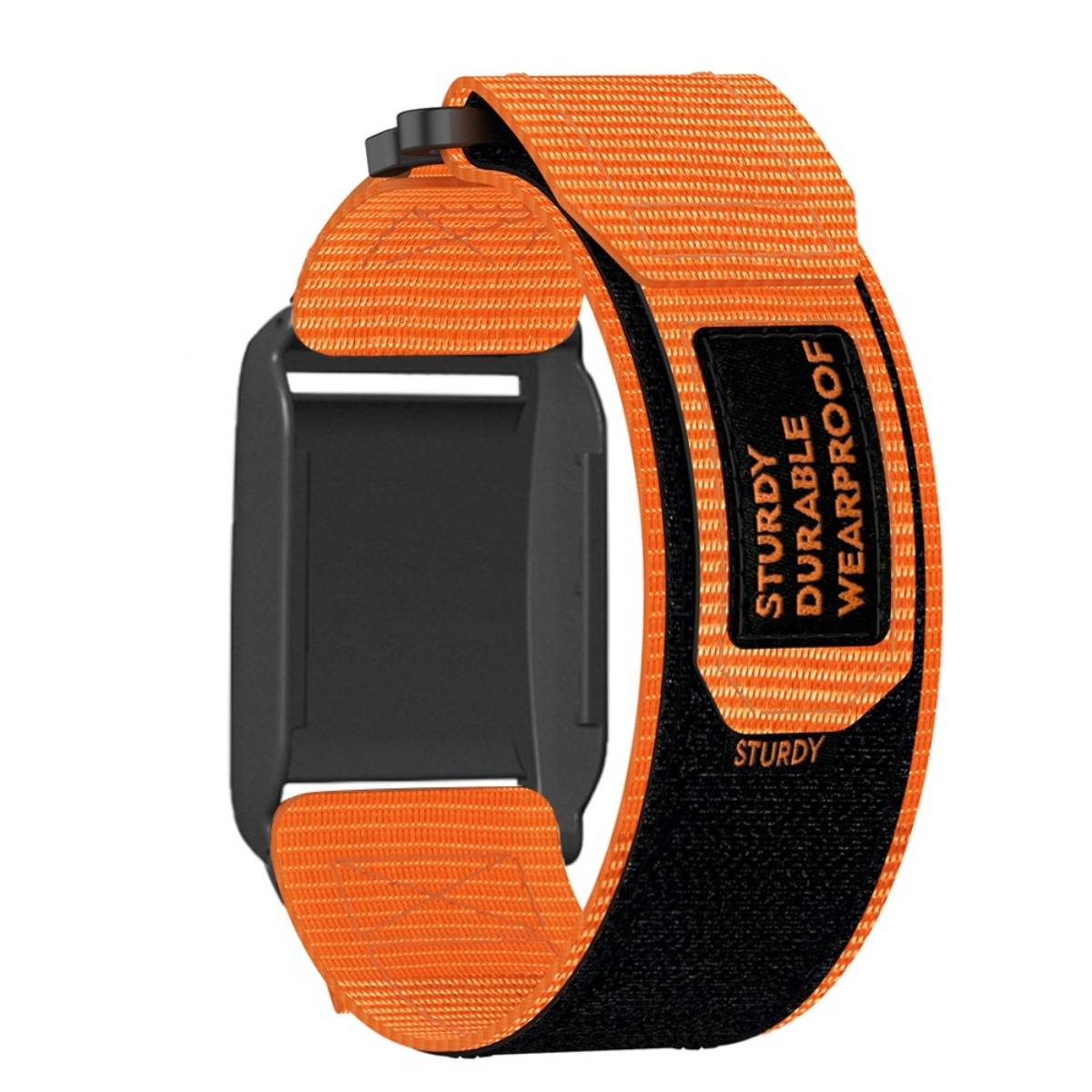 Orange-schwarzer verstellbarer Handgelenksgurt mit Kunststoffschnalle, beschriftet mit „STURDY DURABLE WEARPROOF", auf weißem Hintergrund dargestellt.