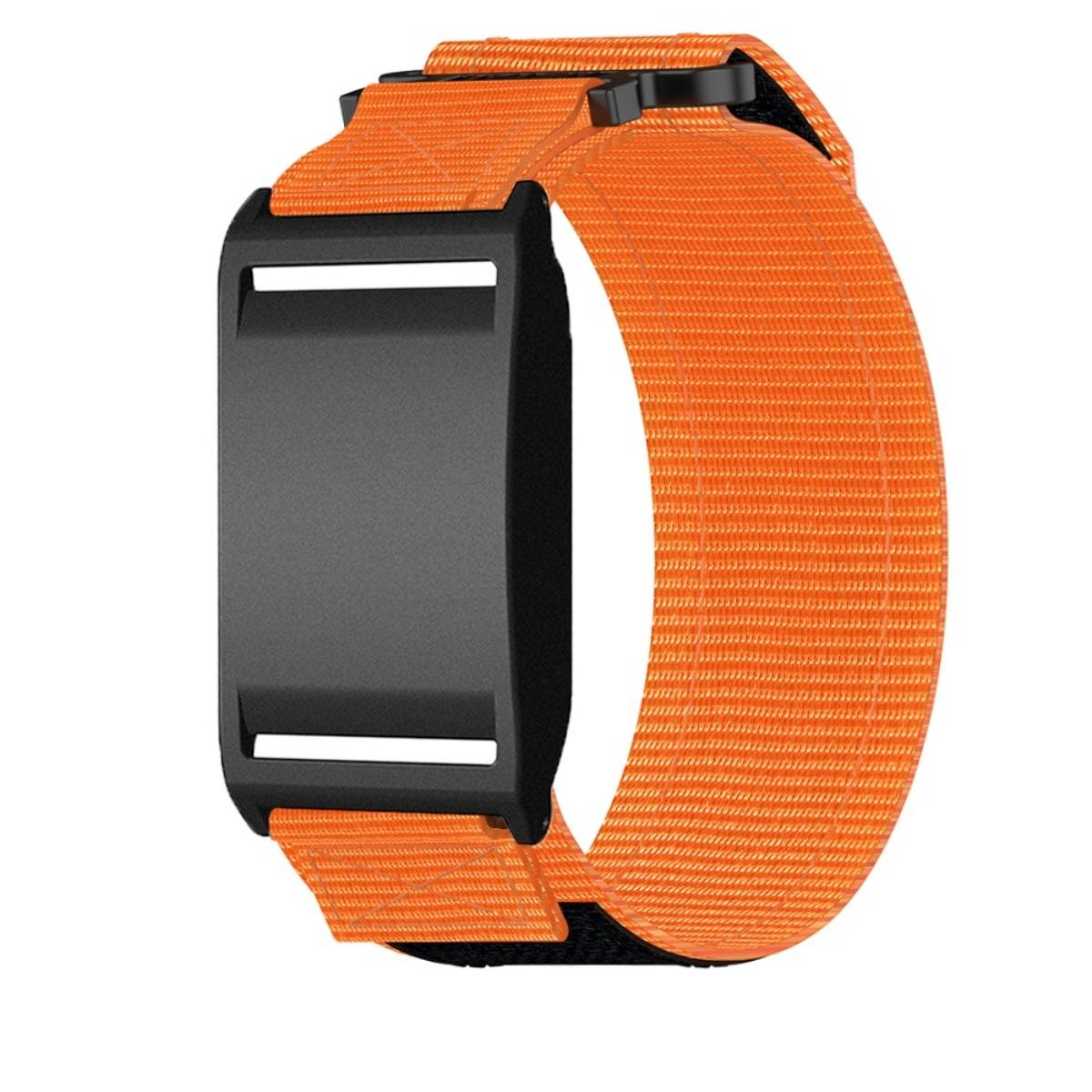 Orange verstellbares Nylon-Armband mit schwarzer Schnallenverschluss, gezeigt auf weißem Hintergrund.