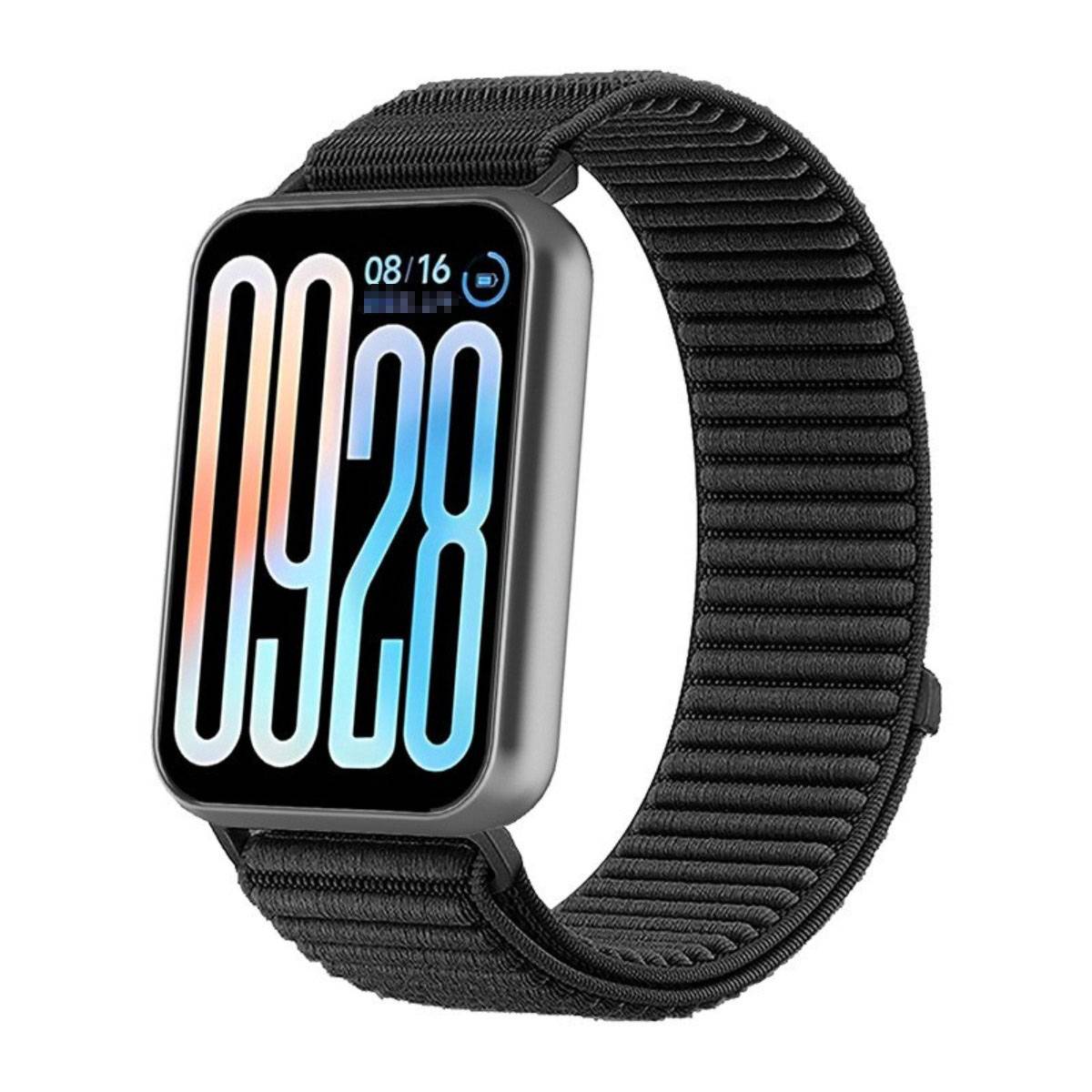Schwarze Smartwatch mit gewebtem Armband, zeigt die Zeit 09:28 und das Datum 08/16 auf einem rechteckigen Display an.