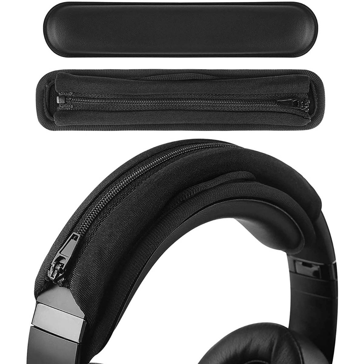 Schwarze Hartschalentragetasche mit Reißverschluss für Over-Ear-Kopfhörer, dargestellt mit geschlossener, offener und mit einem Kopfhörerset darin befindlicher Tasche.