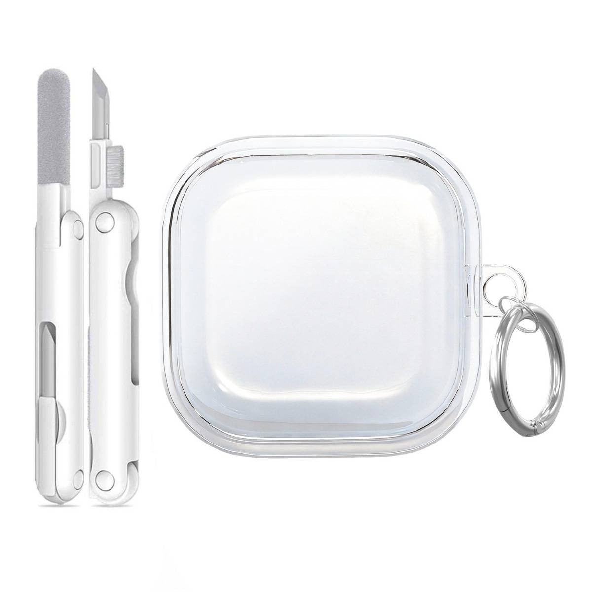 Transparenter quadratischer Schlüsselanhänger mit Metallclip und kleinem Multitool, geöffnet und zusammengeklappt neben dem leeren Gehäuse abgebildet.