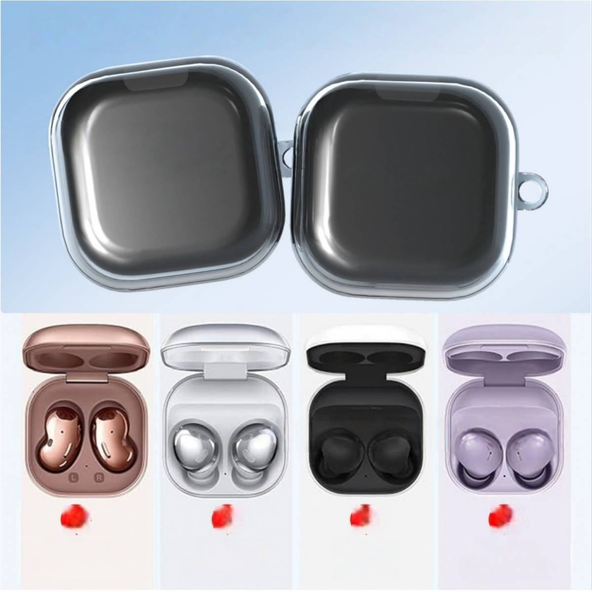 Ein Farbvergleich offener kabelloser Earbud-Ladehüllen in Grau, Braun, Weiß, Schwarz und Lavendel, gezeigt mit Earbuds in jeder Hülle.
