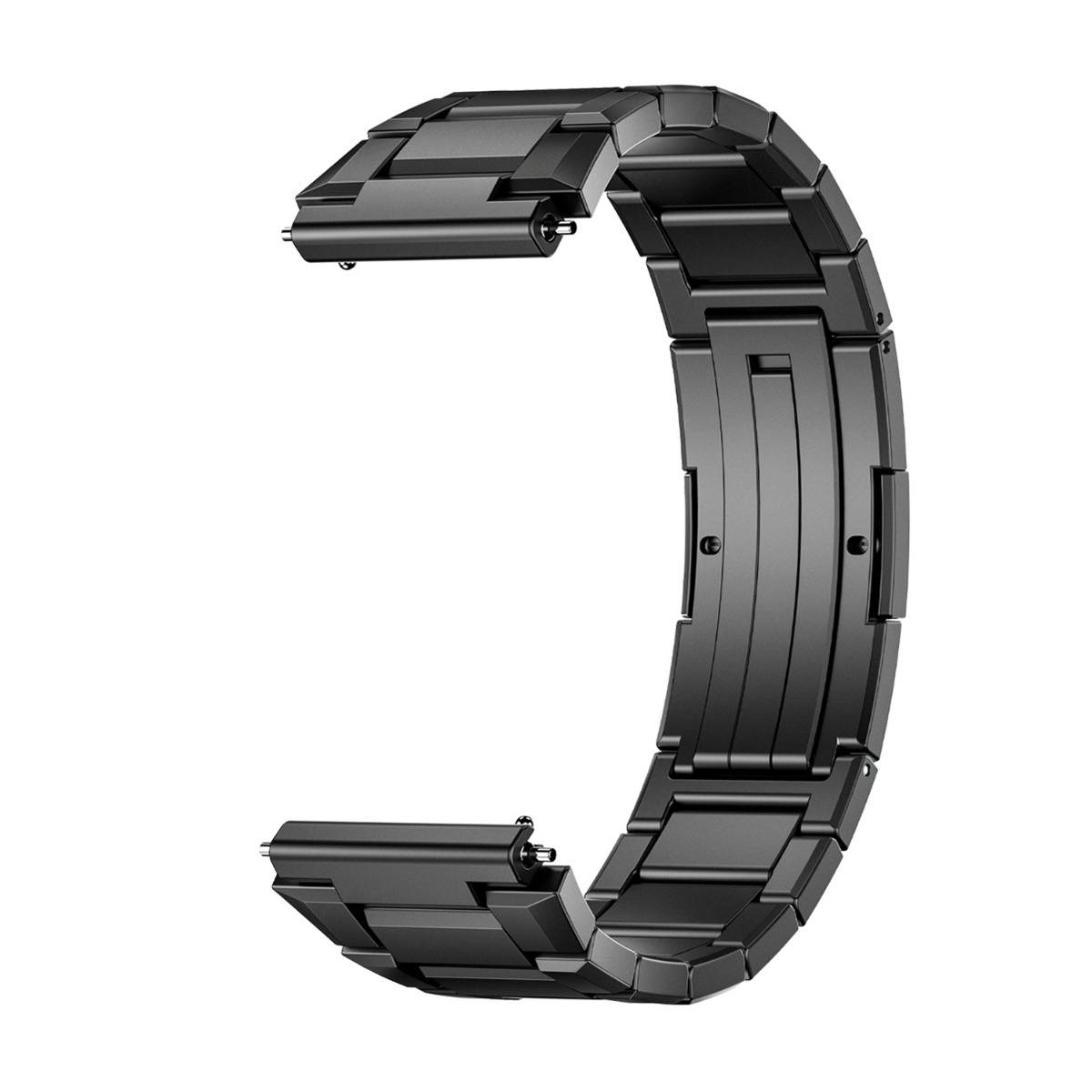 Schwarzes Metall-Uhrenarmband Armband mit offener Schließe, isoliert auf weißem Hintergrund dargestellt.