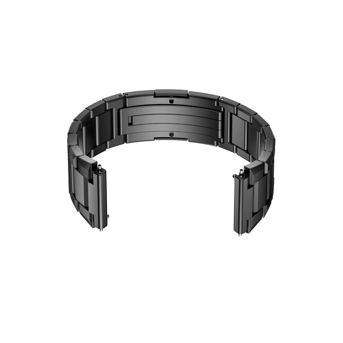 Schwarzes Metallarmband für die Uhr mit offener Schließe, isoliert auf weißem Hintergrund dargestellt.