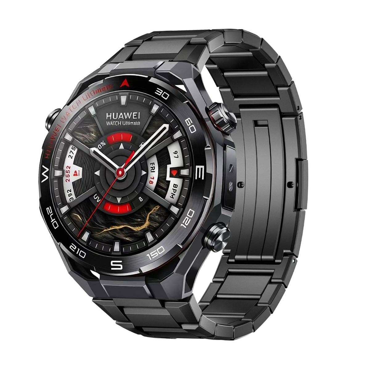 Schwarze Huawei Watch Ultimate Smartwatch mit Metallarmband und Ziffernblatt im analogen digitalen Stil, auf weißem Hintergrund dargestellt.
