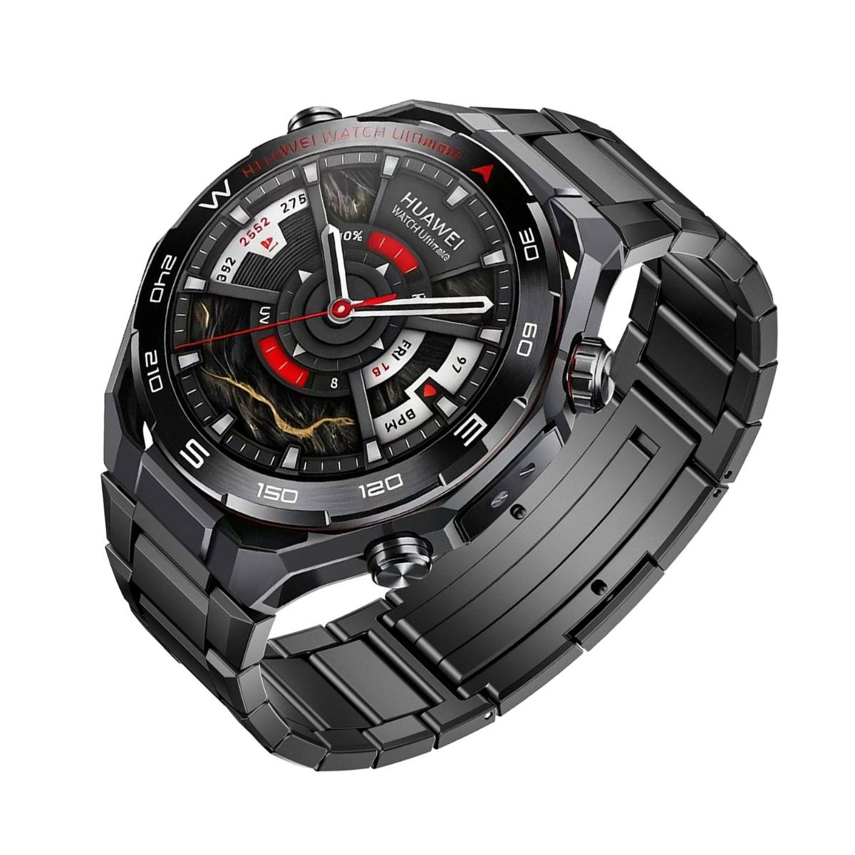 Schwarze Huawei-Armbanduhr mit robustem Metallband und analoger-digitaler Anzeige, in Schrägansicht auf weißem Hintergrund dargestellt.
