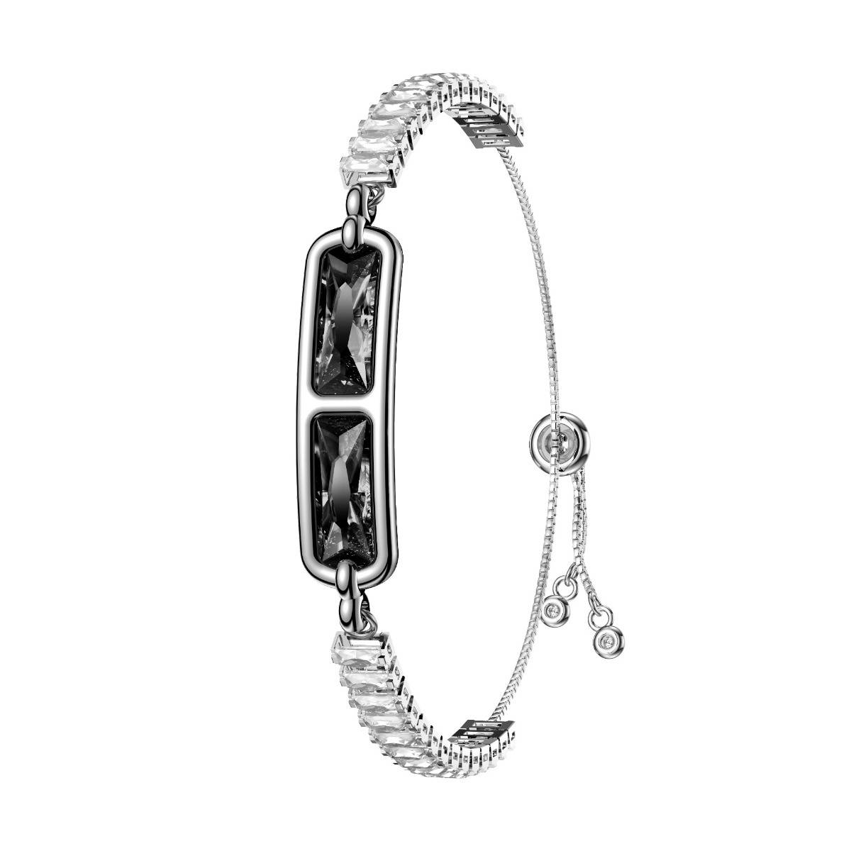 Silbernes Armband mit zwei rechteckigen schwarzen Edelsteinen, mit einer zarten Kette und verschiebbarer Schließe auf weißem Hintergrund.
