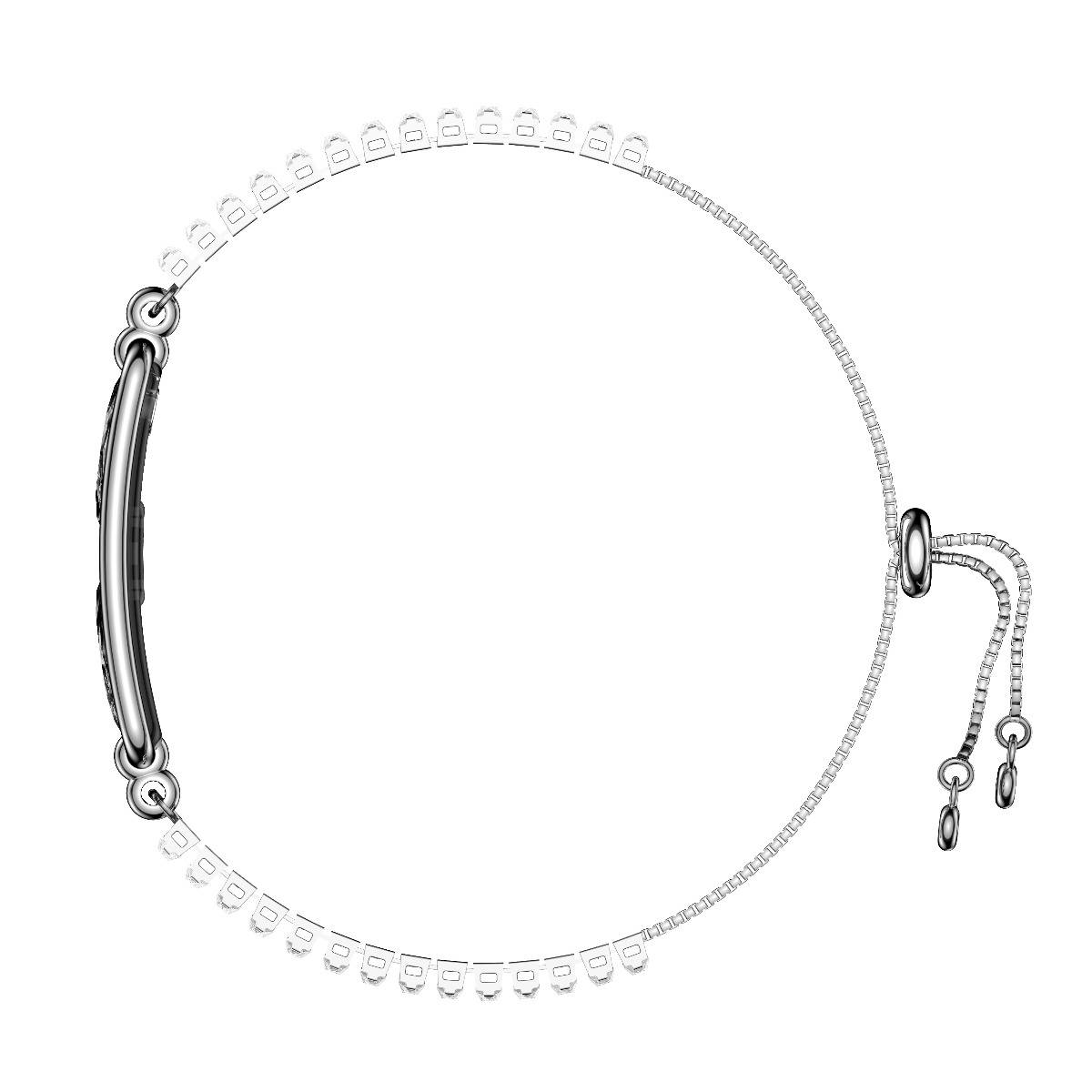 Silbernes verstellbares Armband mit Hakenverschluss und zentralem Balkenelement auf weißem Hintergrund.