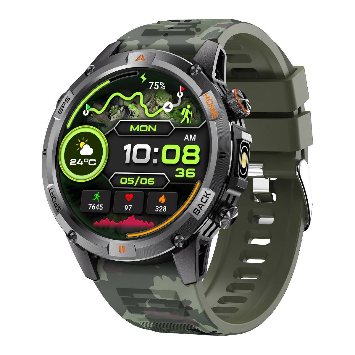 Smartwatch mit Tarnung und rundem digitalem Display, das 10:08 anzeigt, MON 05/06, Wetter 24°C, Akku 75% und Fitnessdaten.