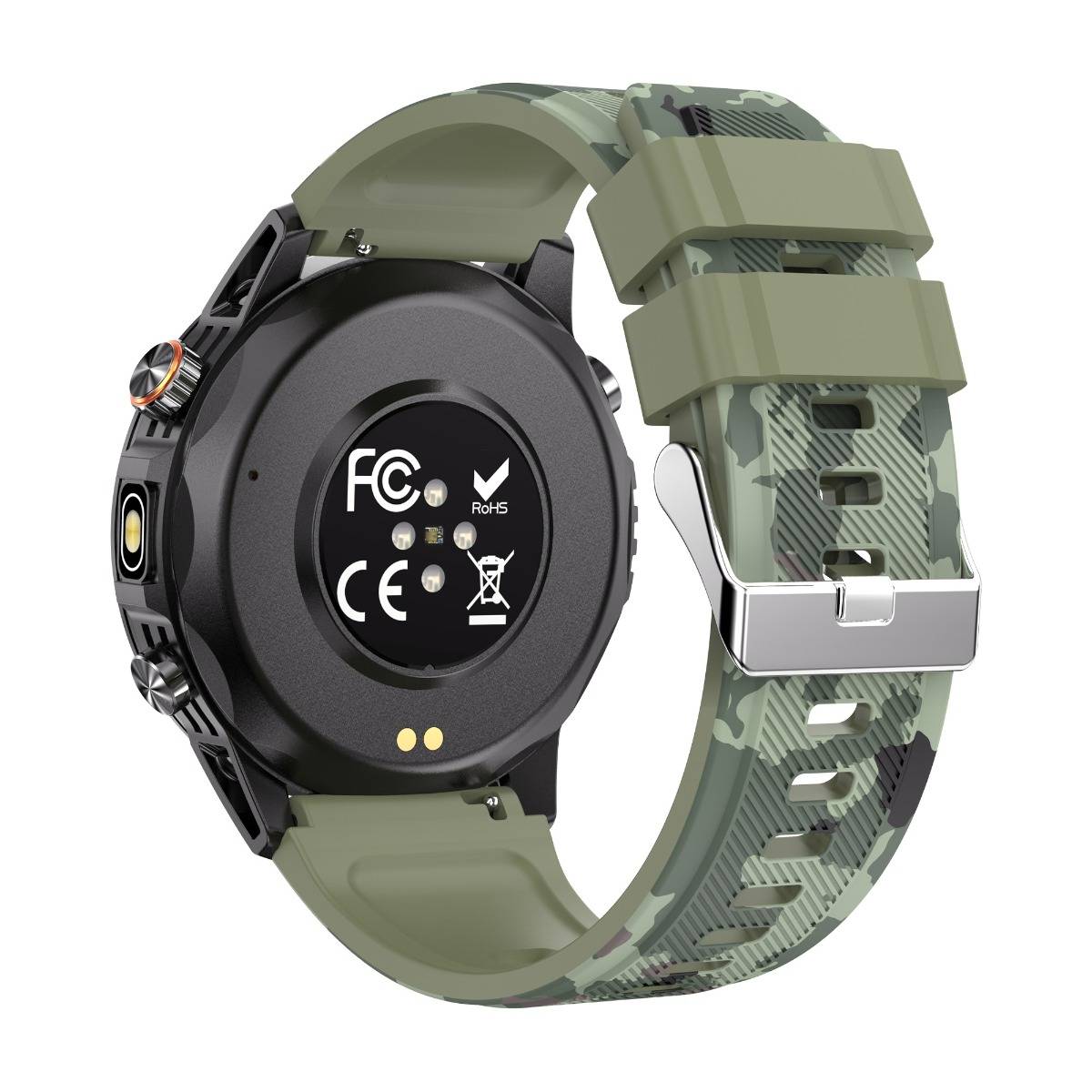 Rückansicht einer runden Smartwatch mit olivgrünem Camouflage-Armband, das Zertifizierungssymbole auf dem schwarzen Gehäuse und silberner Schnalle zeigt.