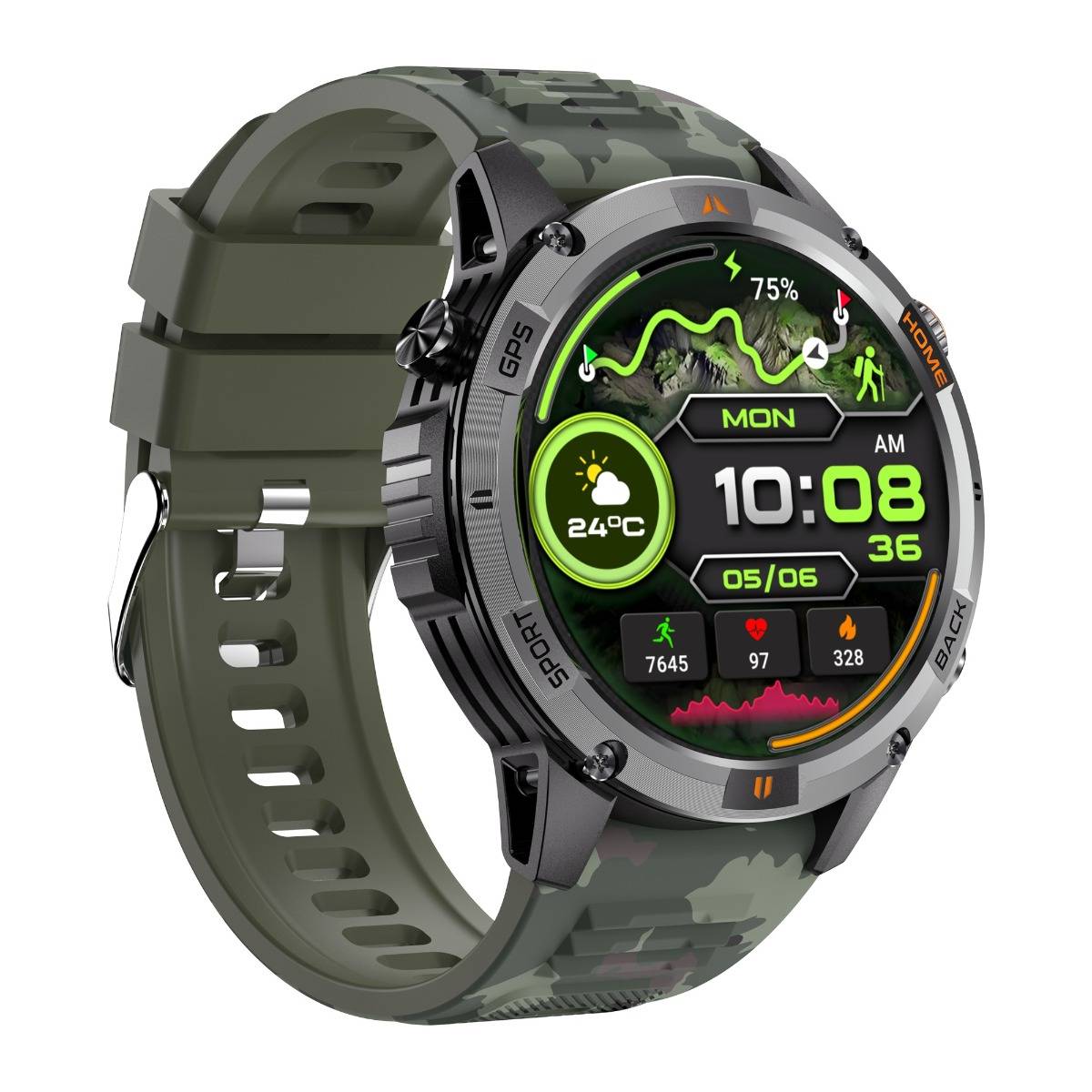 Camouflage-Smartwatch mit rundem Digitaldisplay zeigt 10:08, 24°C, Montag, GPS, 75% Akku und Fitness-Statistiken an.