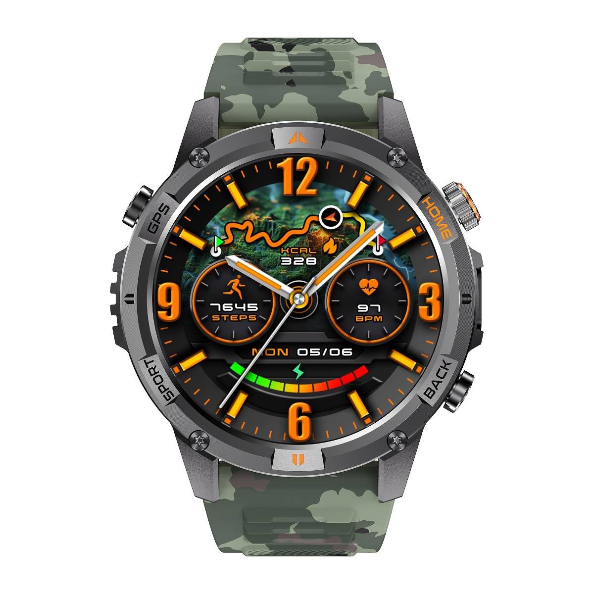 Eine Smartwatch-Anzeige im Camouflage-Muster, die Fitnessdaten zeigt: 328 kcal, 745 Schritte, 91 BPM und das Datum 05/06.