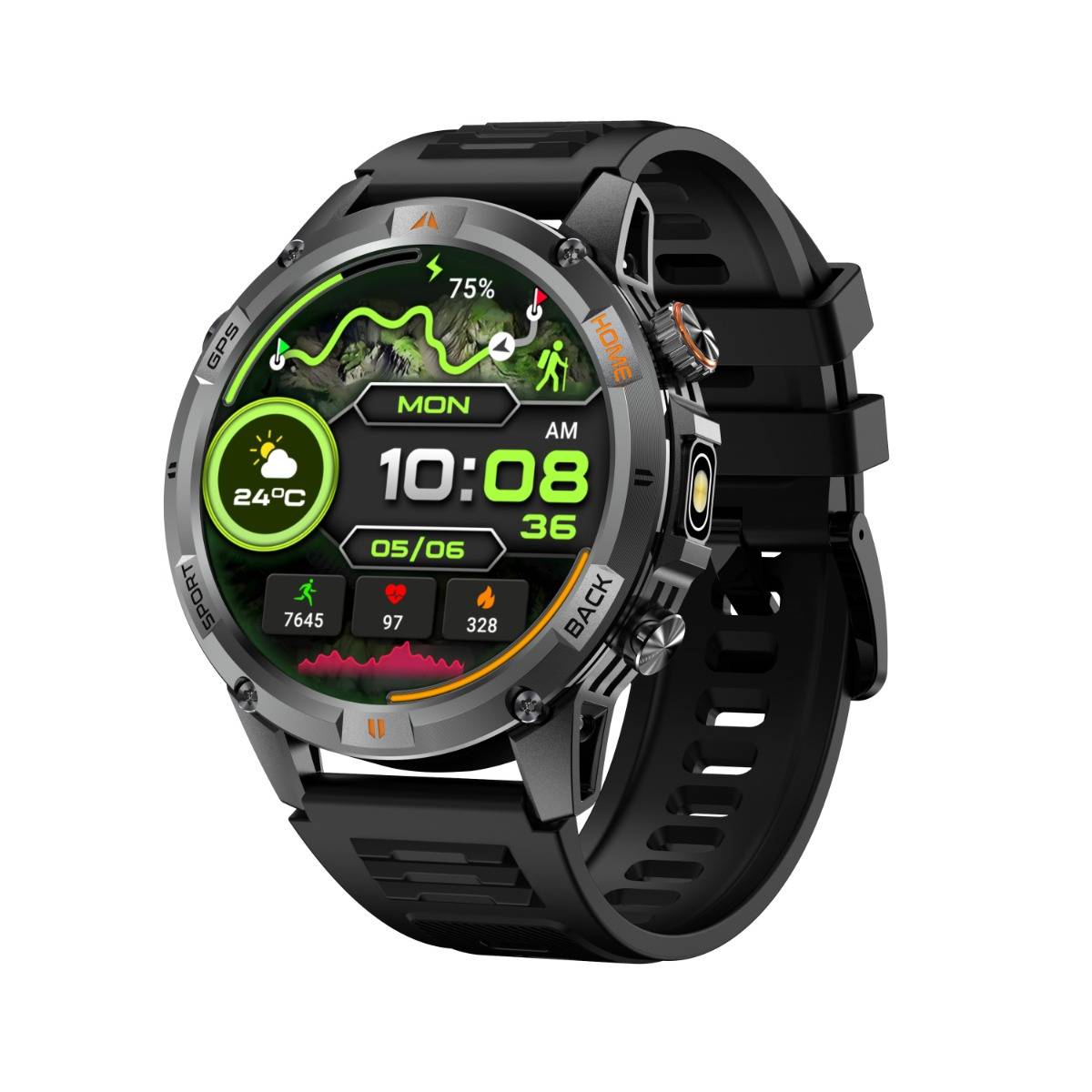 Schwarze robuste Smartwatch zeigt 10:08 Uhr, Montag, 05.06, 24°C, 75% Batterie und Fitnessdaten mit grünen digitalen Symbolen an.