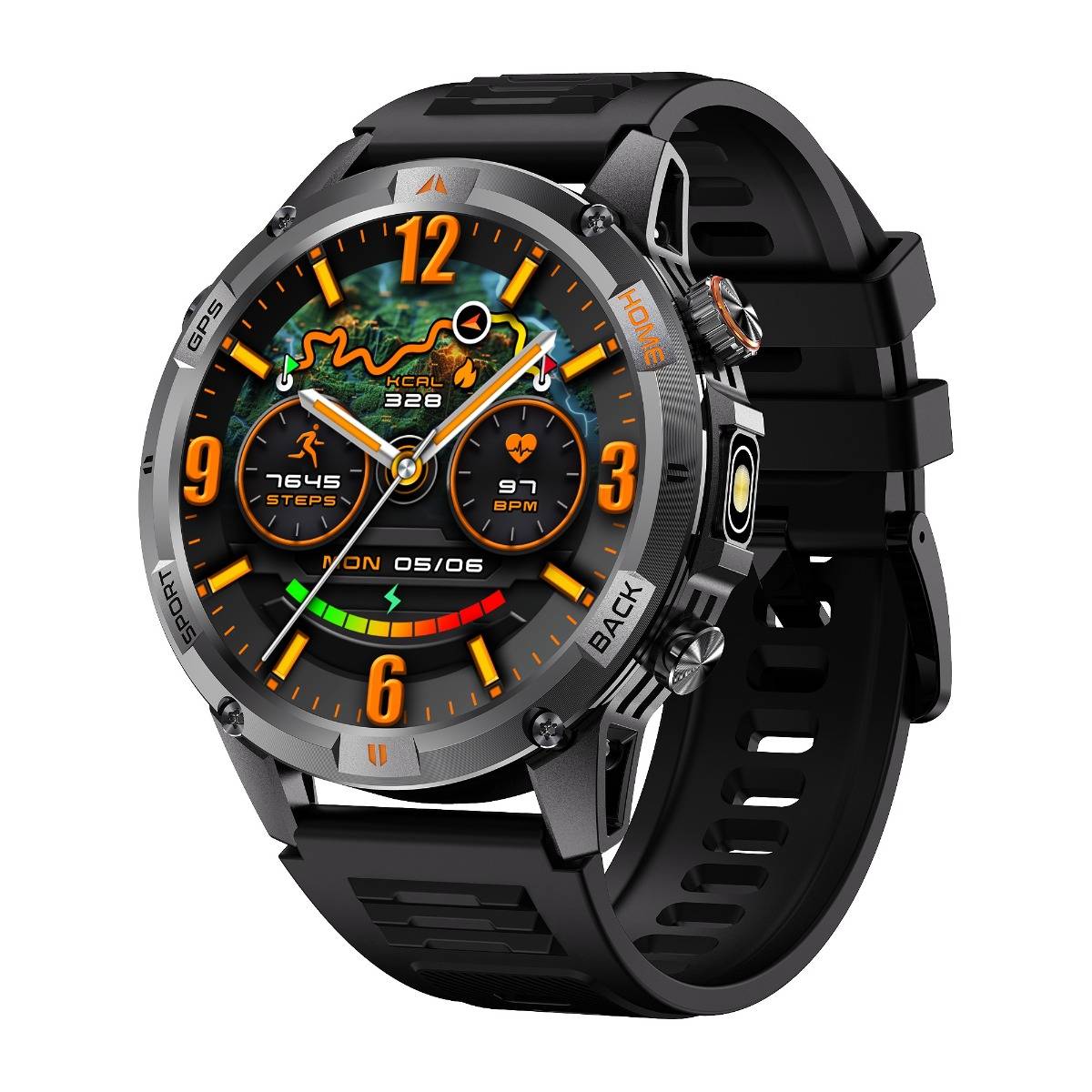 Schwarze digitale Sportsmartwatch mit rundem orange-akzentuiertem Zifferblatt, das Schritte, Herzfrequenz, Kalorien, Zeit und Datum auf einem schwarzen Armband anzeigt.
