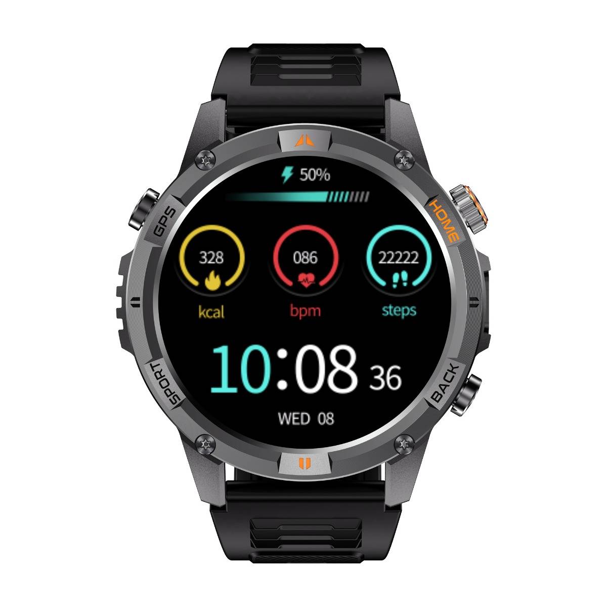Schwarze runde Smartwatch mit Fitness-Statistiken: 50% Akku, 328 kcal, 086 bpm, 22222 Schritte und Uhrzeit 10:08 am MI 08.